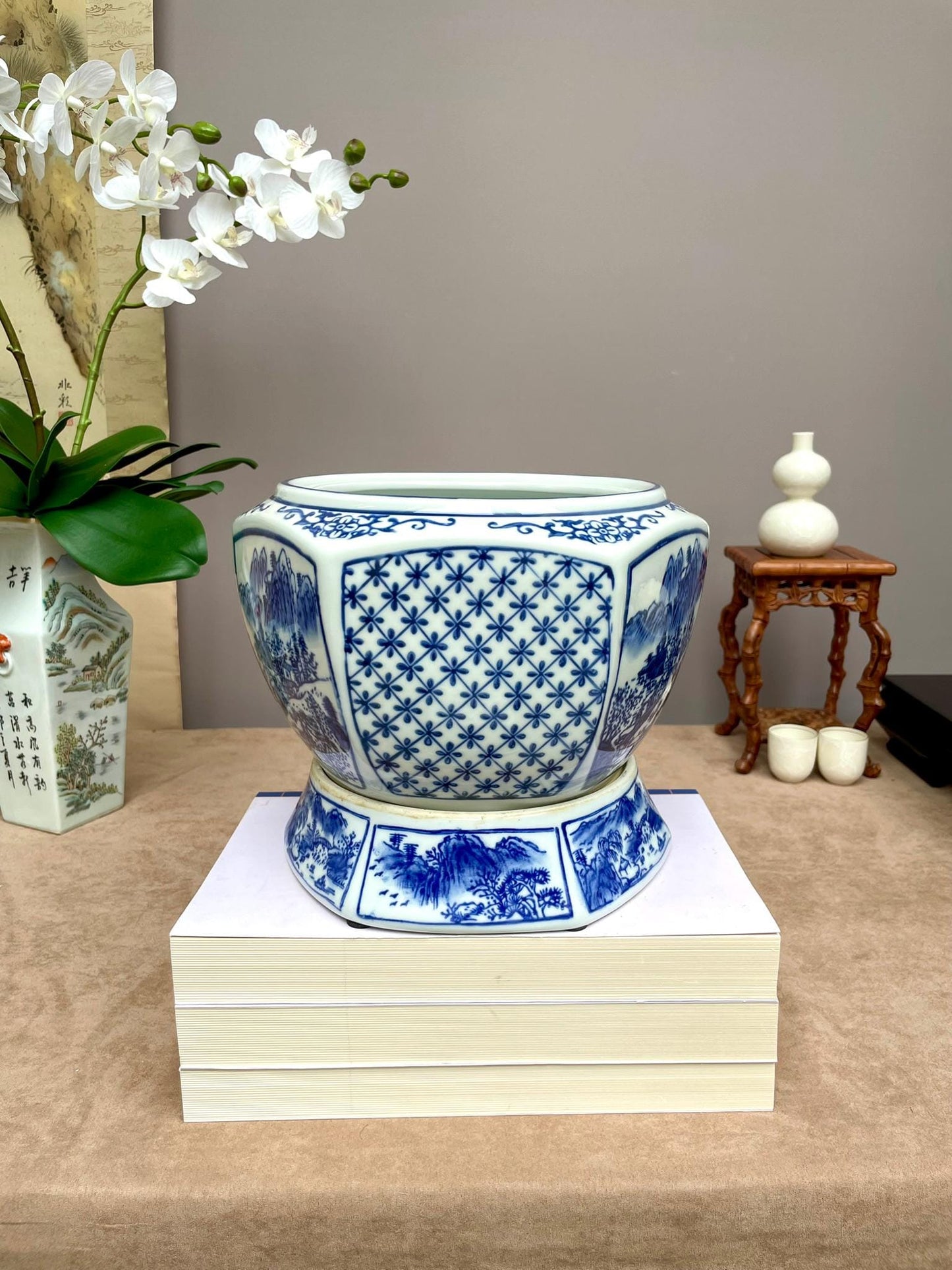 Blue and White Chinese Porcelain Planter with Stand | Hand-Painted Landscape Scene | Oriental Home Decor | Ming Style Ceramic Pot
