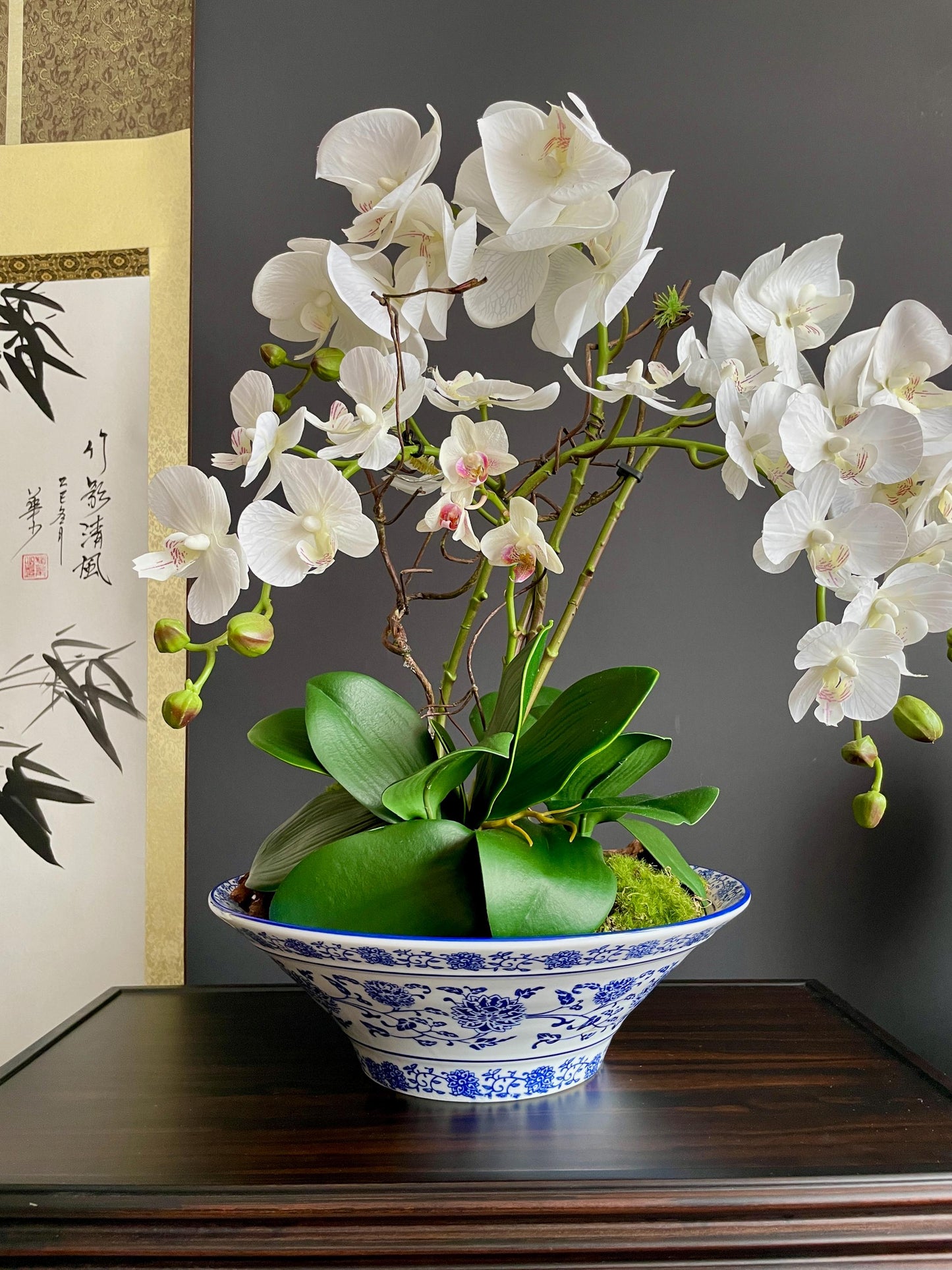 Hand Crafted Blue and White Porcelain Planter Bowl | Wide Chinese Lotus Vine Ceramic Pot | Chinoiserie Decorative Orchid Planter Basin