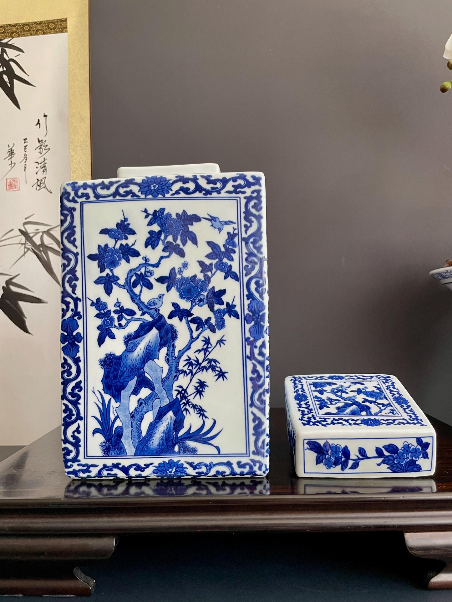 Rare Hand Painted Blue and White Xiang Qi Porcelain Vase | Hand Pressed Square Ginger Jar with Lid | 30cm Heavy Collector Ceramic Vessel