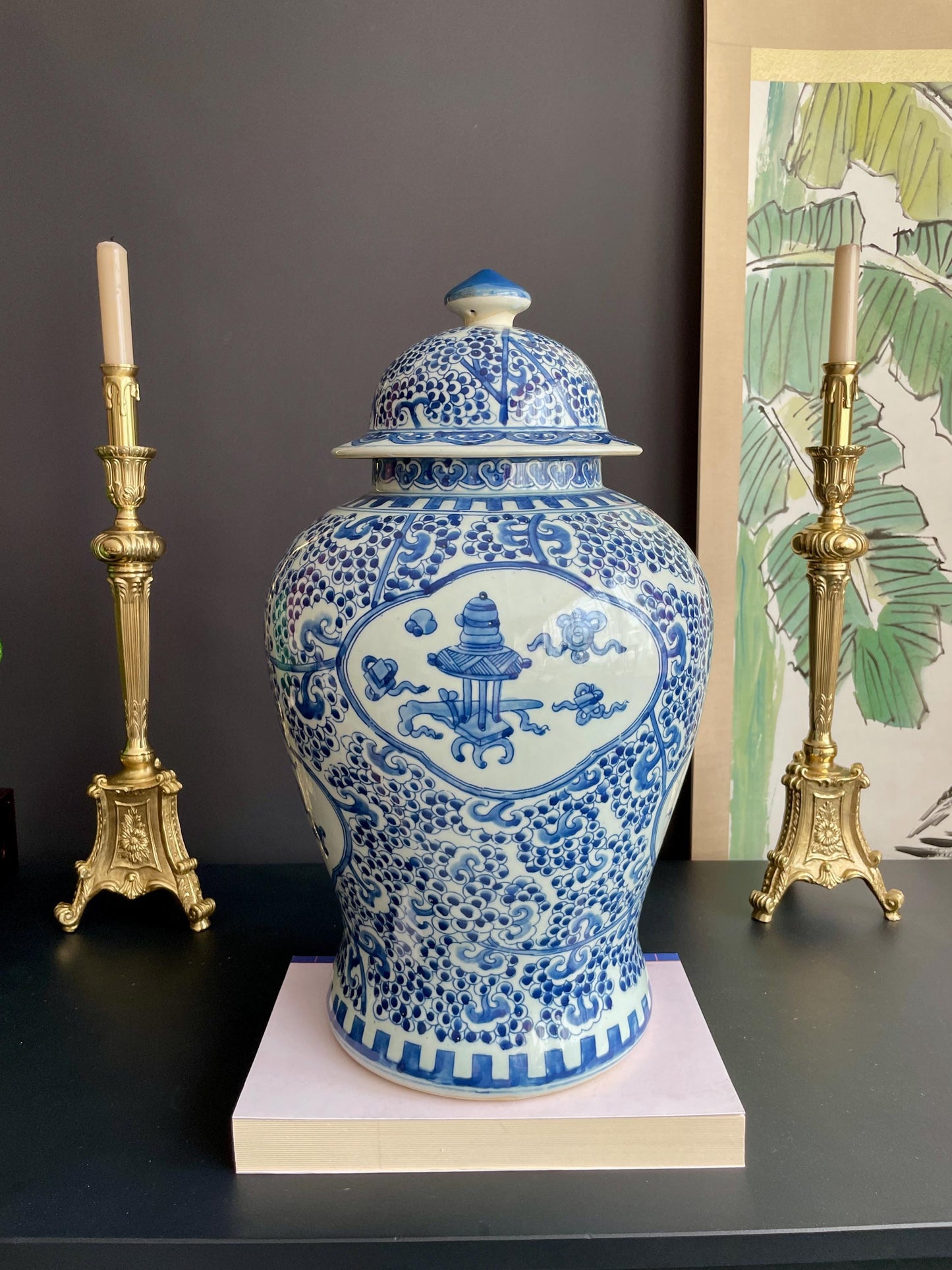 Monumental 50cm Hand-Painted Blue White Temple Jar Pair | Super-Sized Prunus & Antiquities Motif Covered Ginger Jars