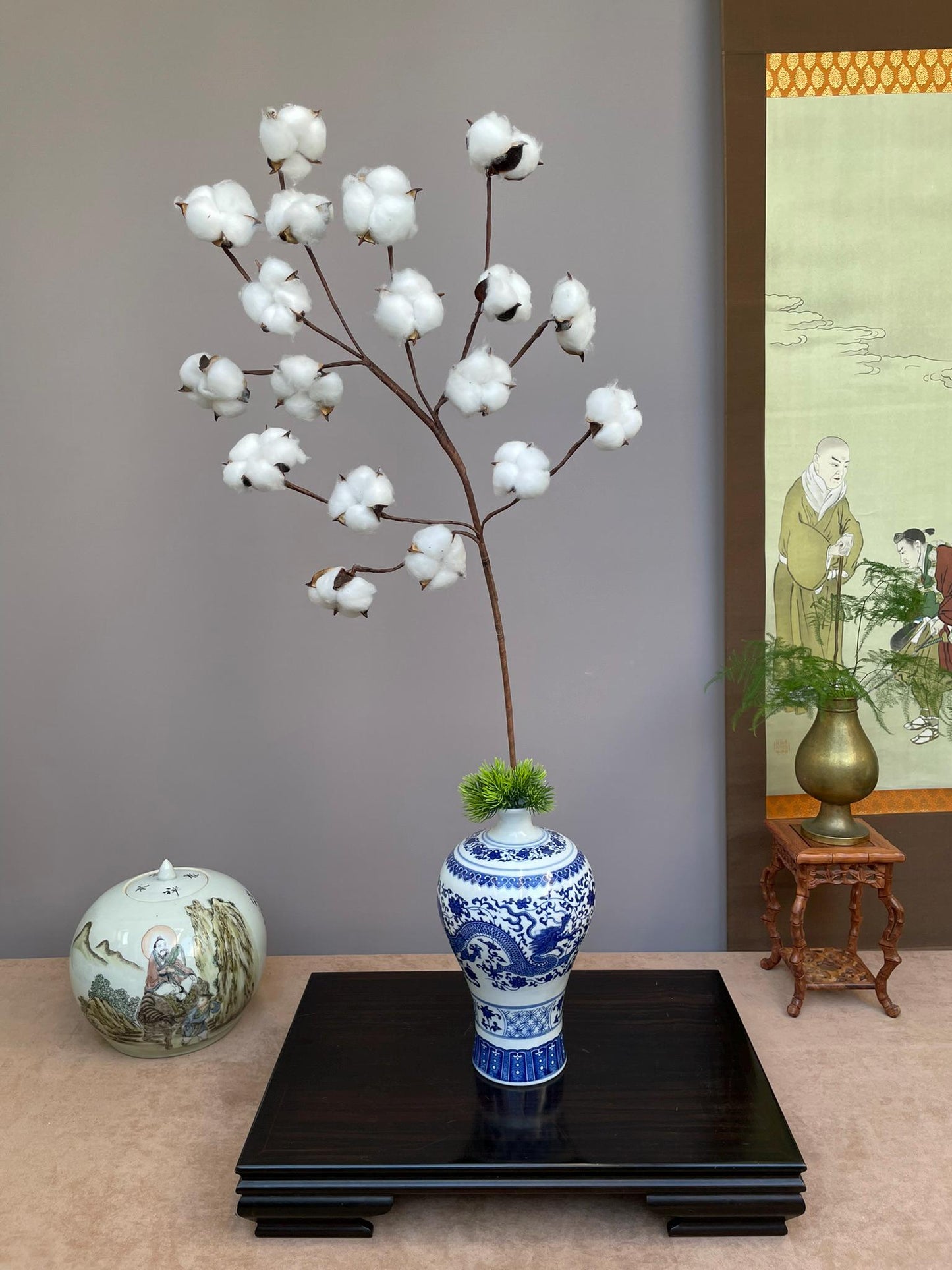 Hand-Crafted Artificial Cotton Branch with Natural Shells - Rustic Farmhouse Decor - Realistic Faux Cotton Stem for Minimalist Home Accents