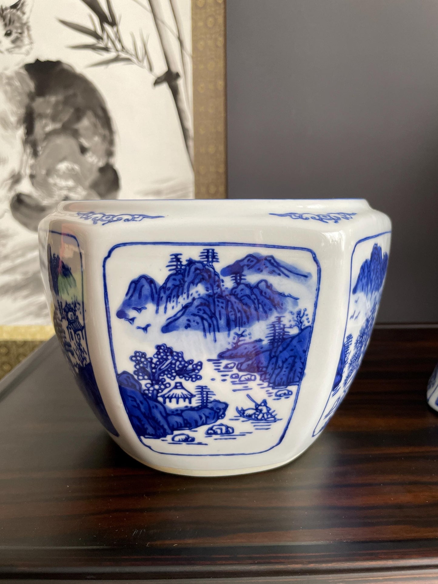 Blue and White Porcelain Planter Set | Hand-Crafted Chinoiserie Ceramic Cachepot | 2 Piece Decorative Plant Pot for Indoor Flowers