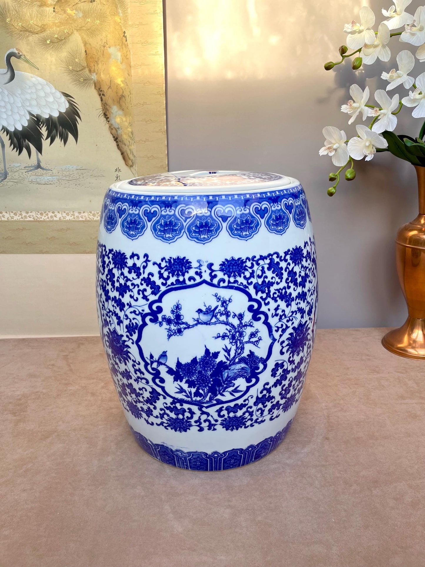Blue & White Porcelain Lidded Container • Chinoiserie Ginger Jar Side Table • Decorative Storage Jar w/ Rubber Gasket • Floral Bird Pattern