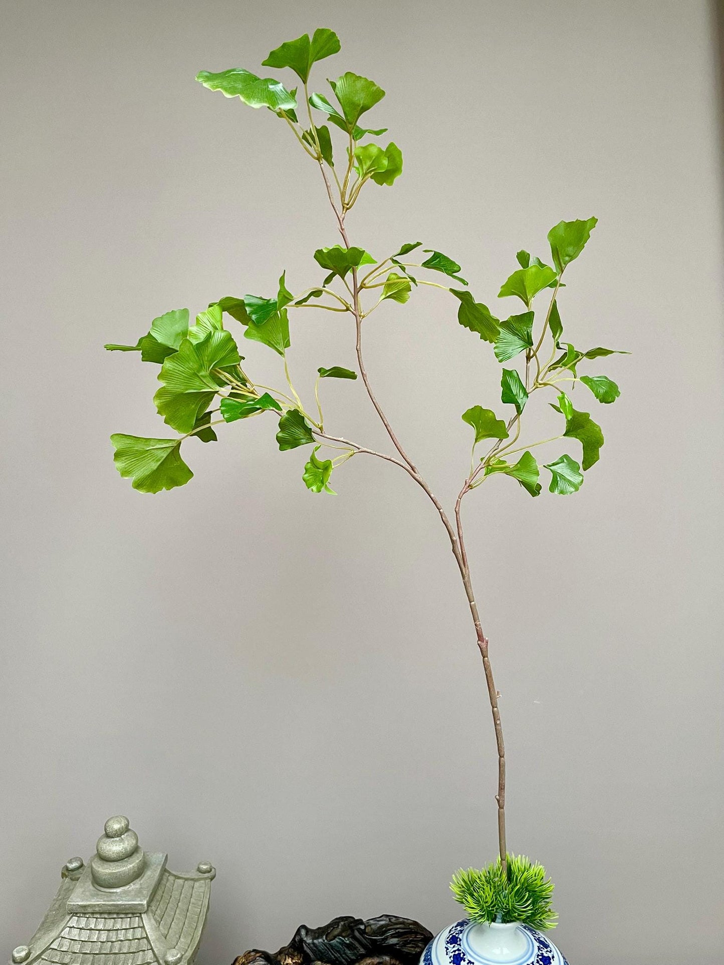 Premium Faux Ginkgo Stem, Green Fan Leaf Spray, Symbolic Longevity Botanical, Chinoiserie Vase Filler, Large Silk Greenery Branch