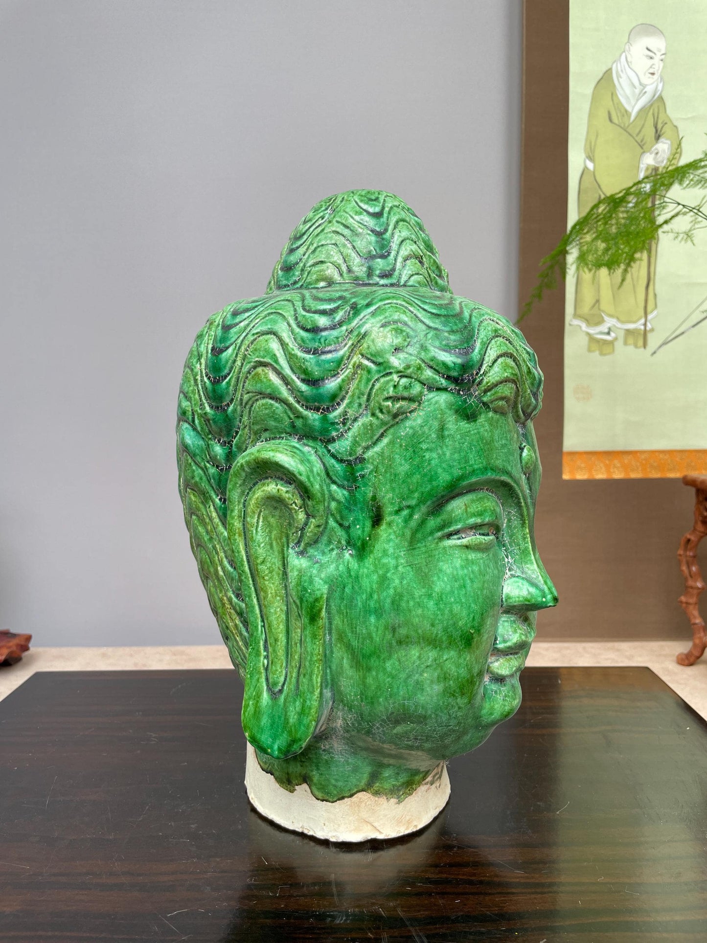 Rare Green Glazed Ceramic Buddha Head Statue, Chinese Ming Style Clay Sculpture, Zen Home Decor, Buddhist Altar Art, Spiritual Gifts