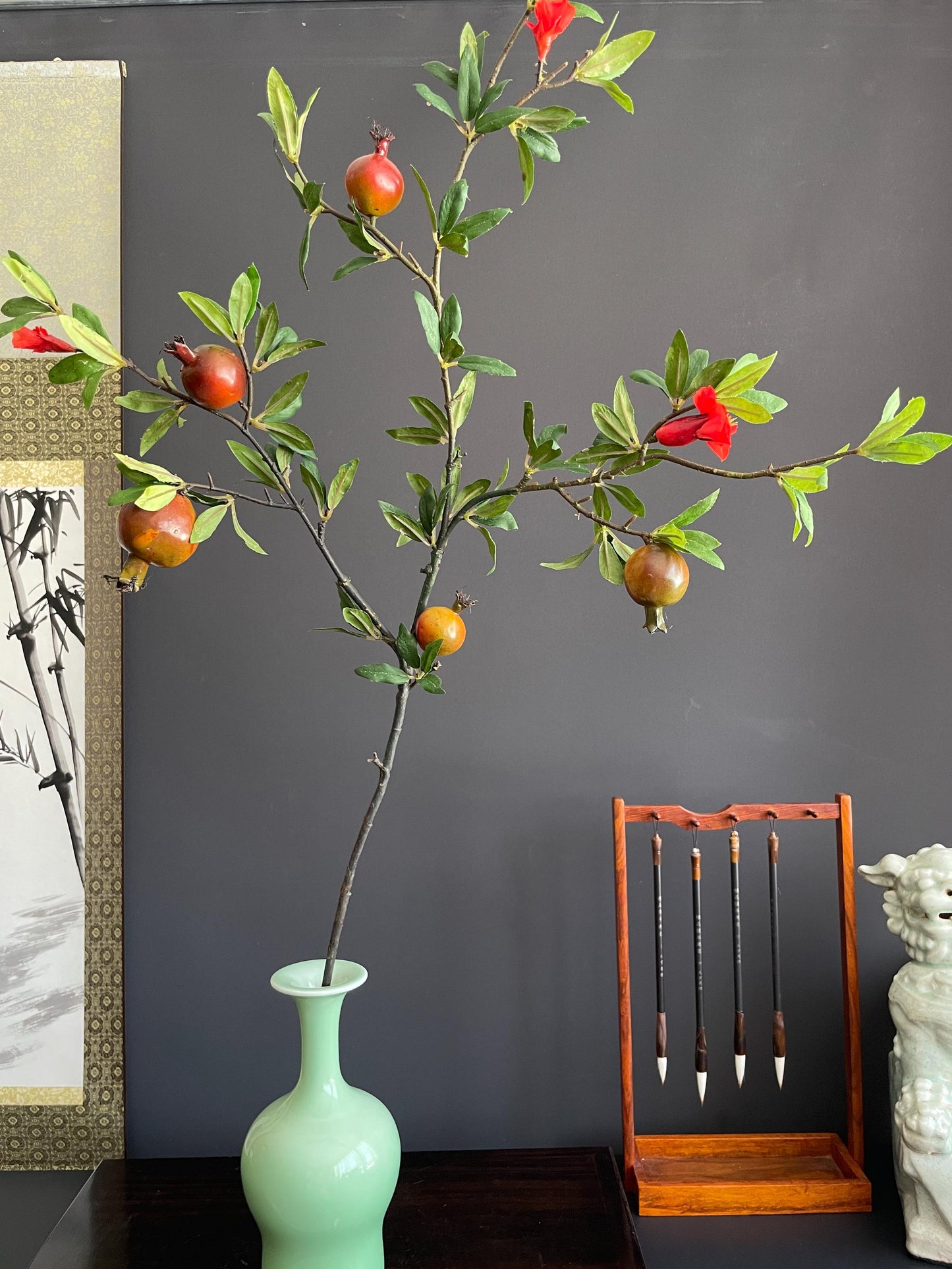 Architectural Faux Greenery Branch | Artisanal Artificial Pomegranate Stem | Vibrant Botanical Accent for Eclectic Interiors