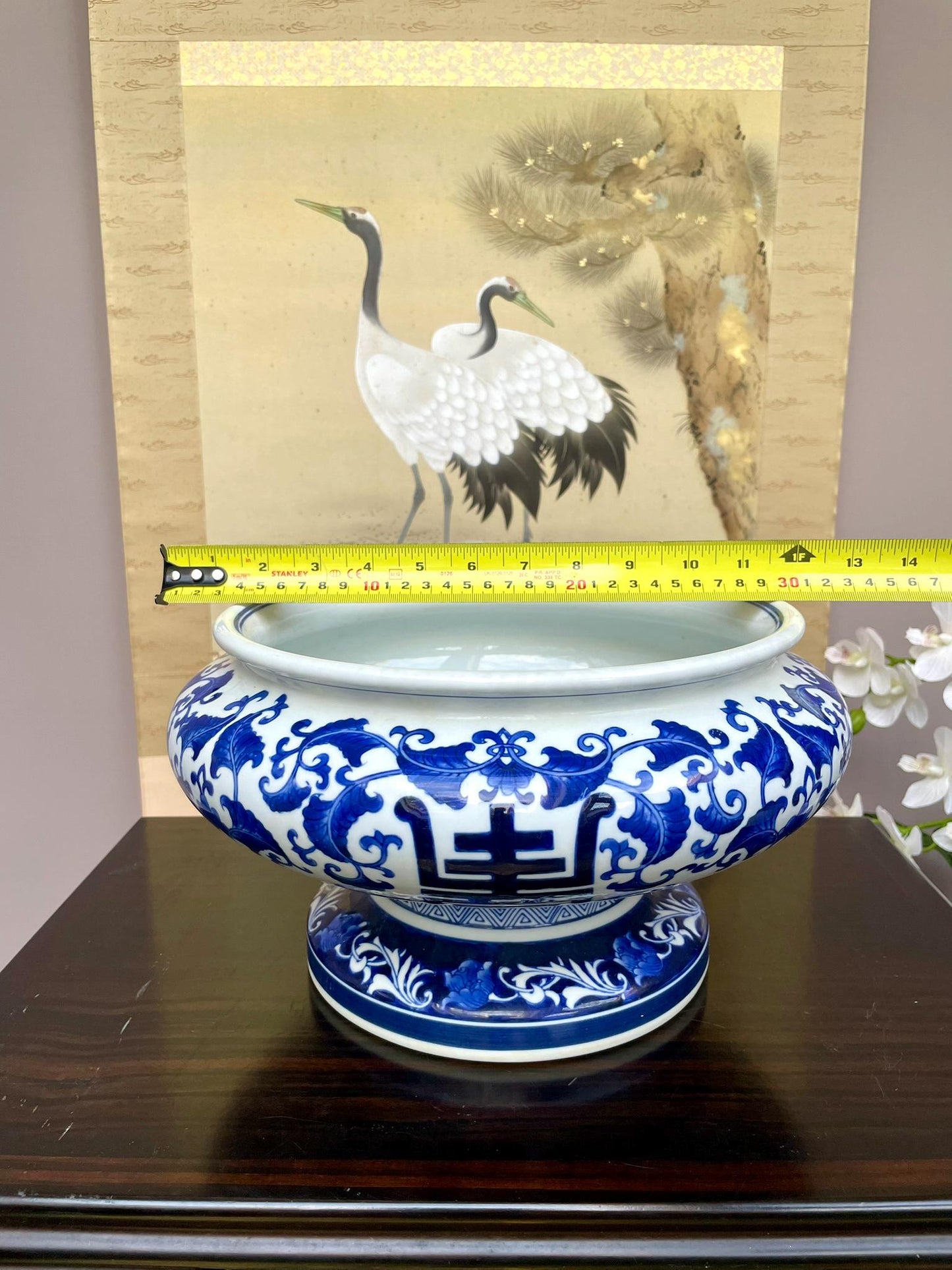 Large Blue and White Porcelain Footed Bowl – 33cm Decorative Centerpiece Vessel Large Pedestal bowl, chinoiserie