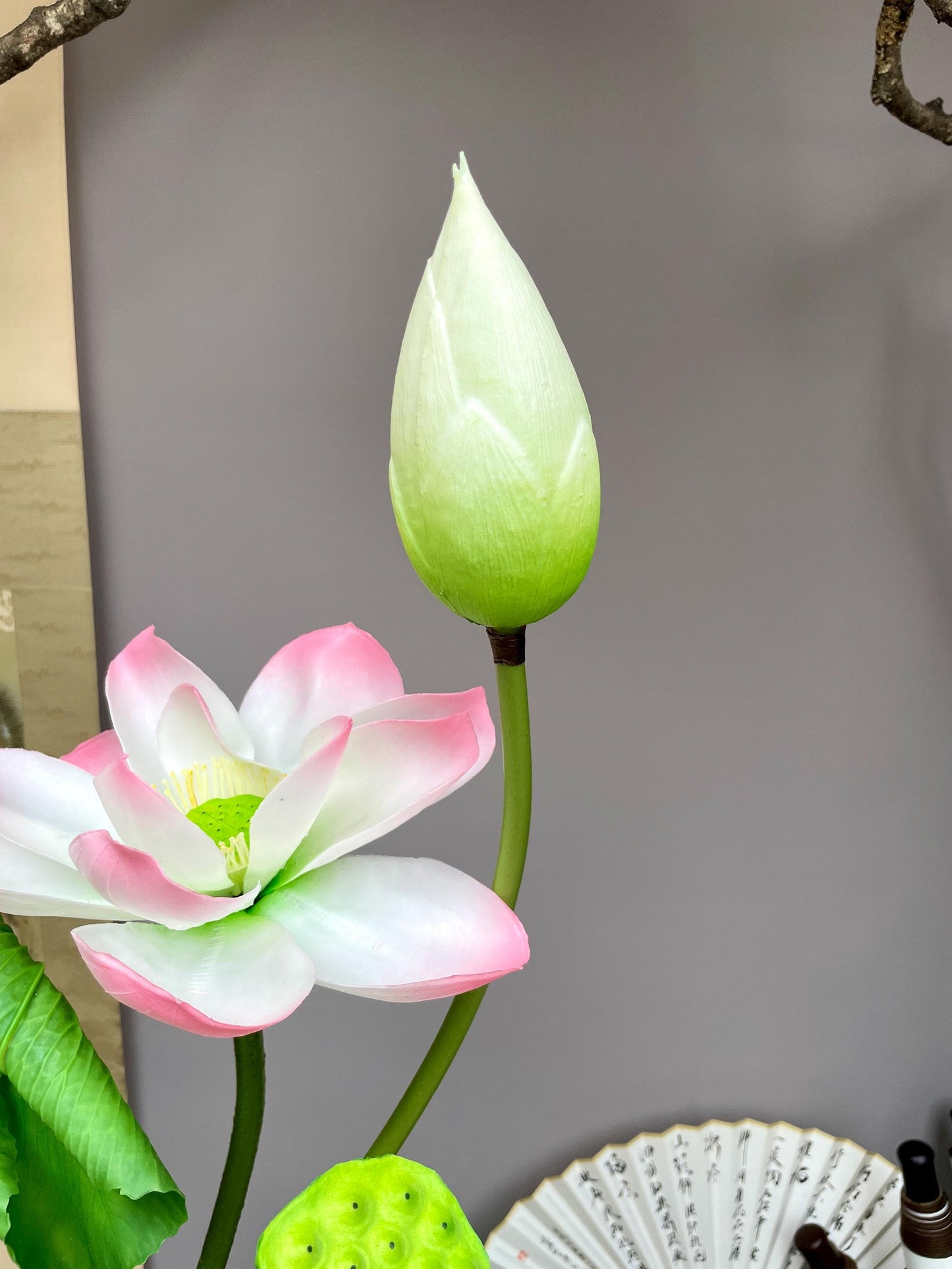 Real Touch Lotus Flower Arrangement 95cm Tall Faux Lotus Stem with Pods Artificial Lotus Bouquet Large Zen Table Decor Silk Flowers. Pink.