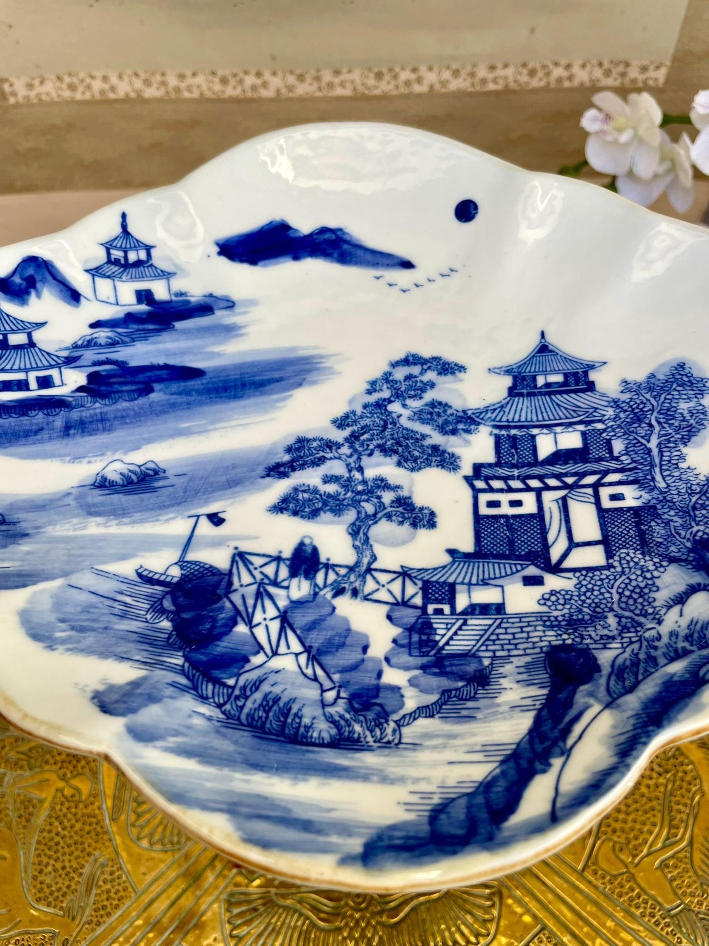 Blue and White Porcelain Dish - Hand Painted Landscape with Pagoda & Pine - Scalloped Iron-Oxide Rim - Fine Asian Home Decor