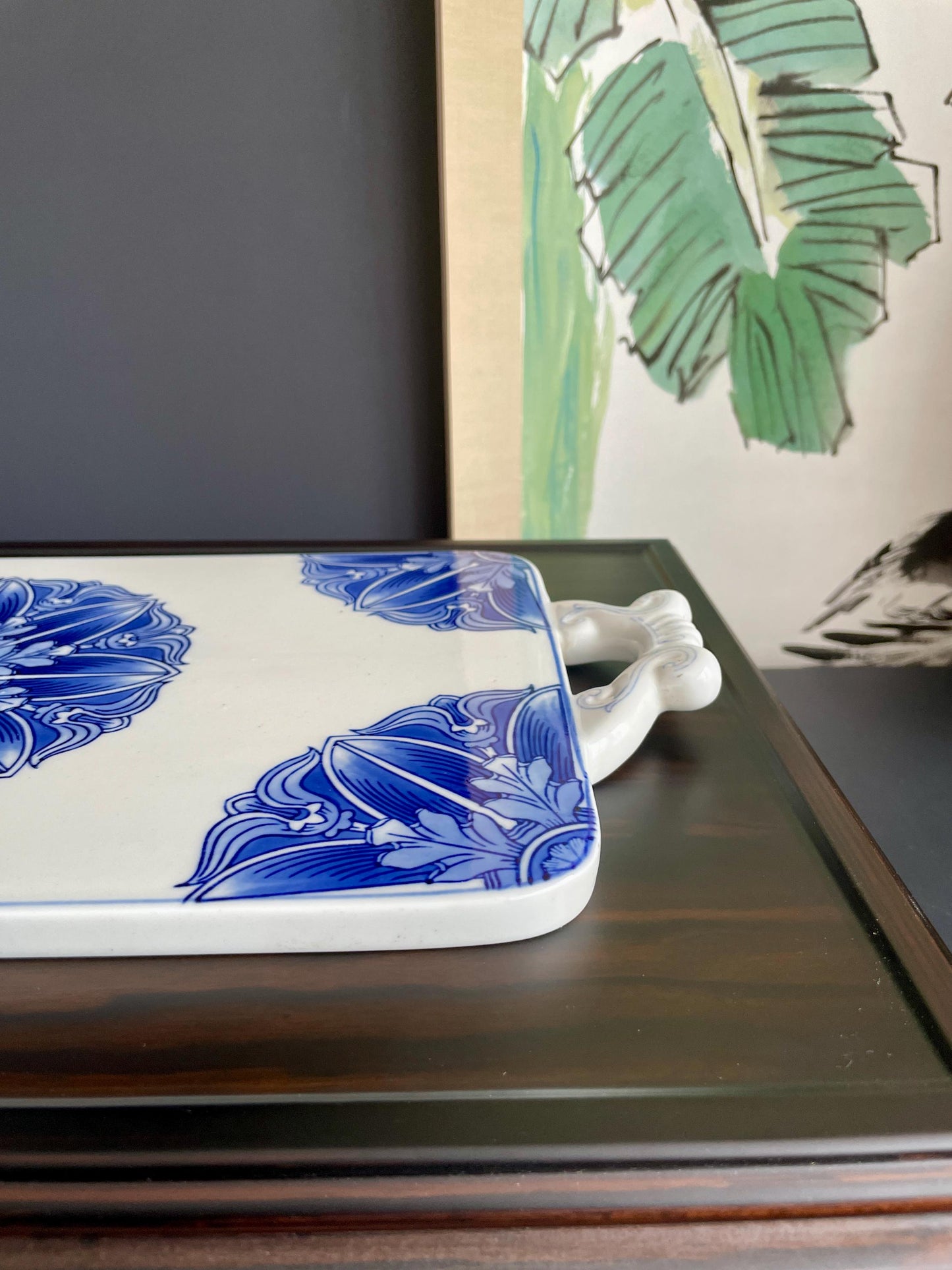 Large Blue & White Ceramic Serving Tray • Handcrafted Porcelain Board with Artisanal Floral Motif Heavy, Smooth, collector Quality Tablewar