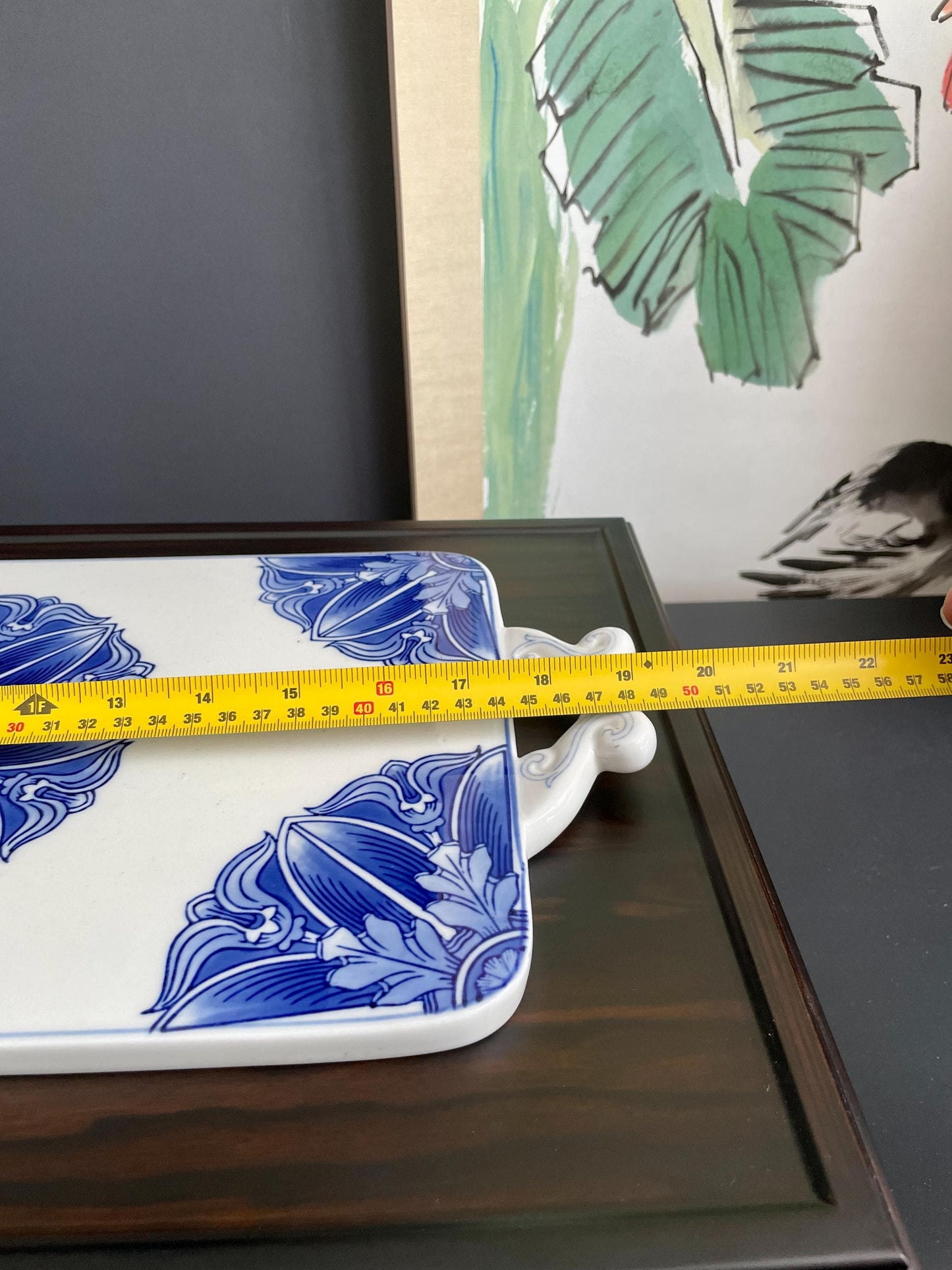 Large Blue & White Ceramic Serving Tray • Handcrafted Porcelain Board with Artisanal Floral Motif Heavy, Smooth, collector Quality Tablewar