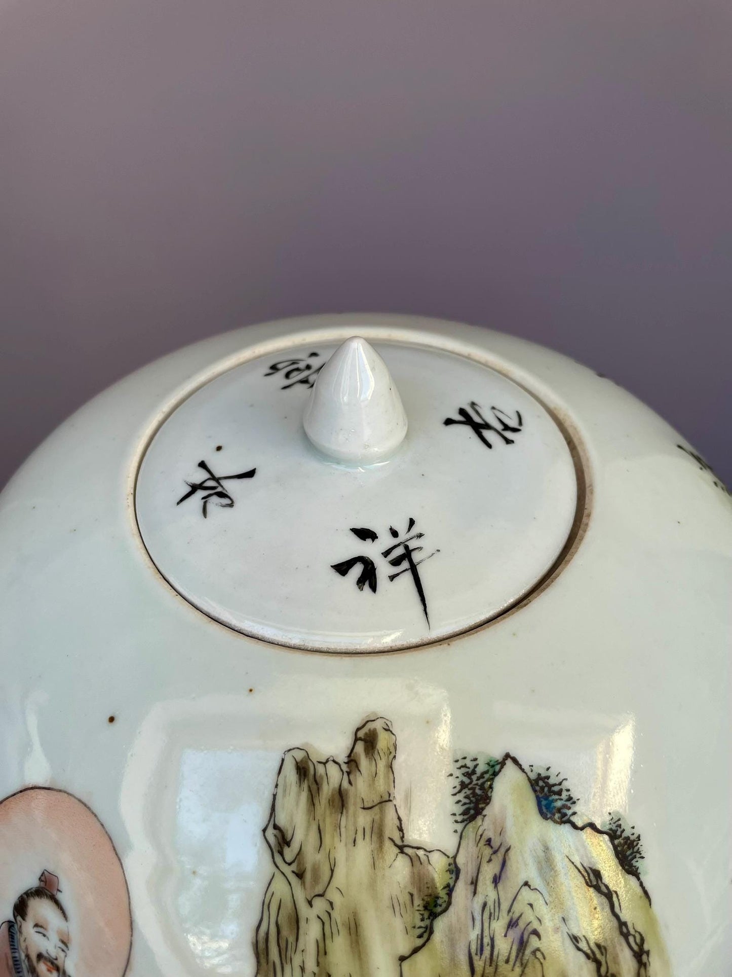 Hand-Painted Qianjiang Cai Porcelain Jar with Lid - Scholar & Immortal Landscape - Large Hand-Crafted Chinese Calligraphy Ginger Jar