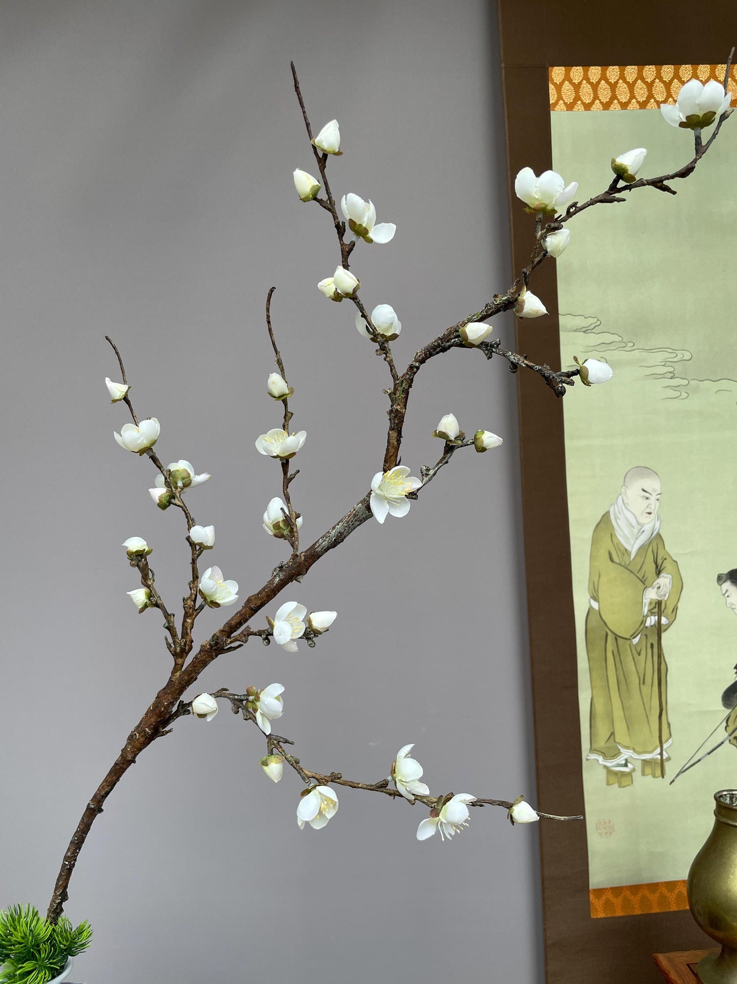 Large Realistic White Plum Blossom Branch - Faux Winter Meihua Stem - Elegant Chinoiserie Decor Hand-Crafted Luxury Zen Floral