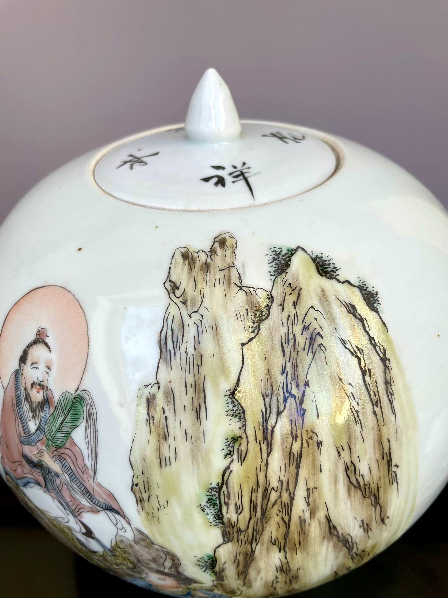 Hand-Painted Qianjiang Cai Porcelain Jar with Lid - Scholar & Immortal Landscape - Large Hand-Crafted Chinese Calligraphy Ginger Jars