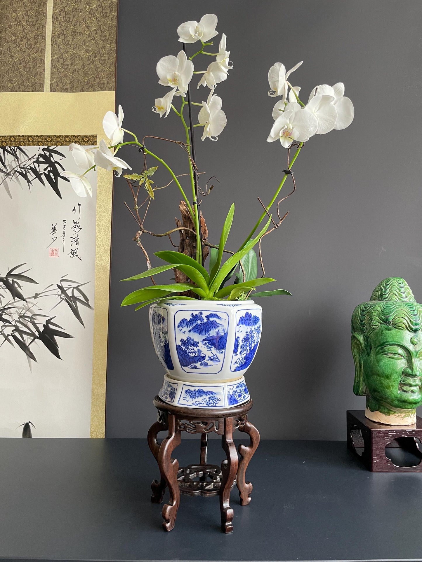 Blue and White Porcelain Planter Set | Hand-Crafted Chinoiserie Ceramic Cachepot | 2 Piece Decorative Plant Pot for Indoor Flowers