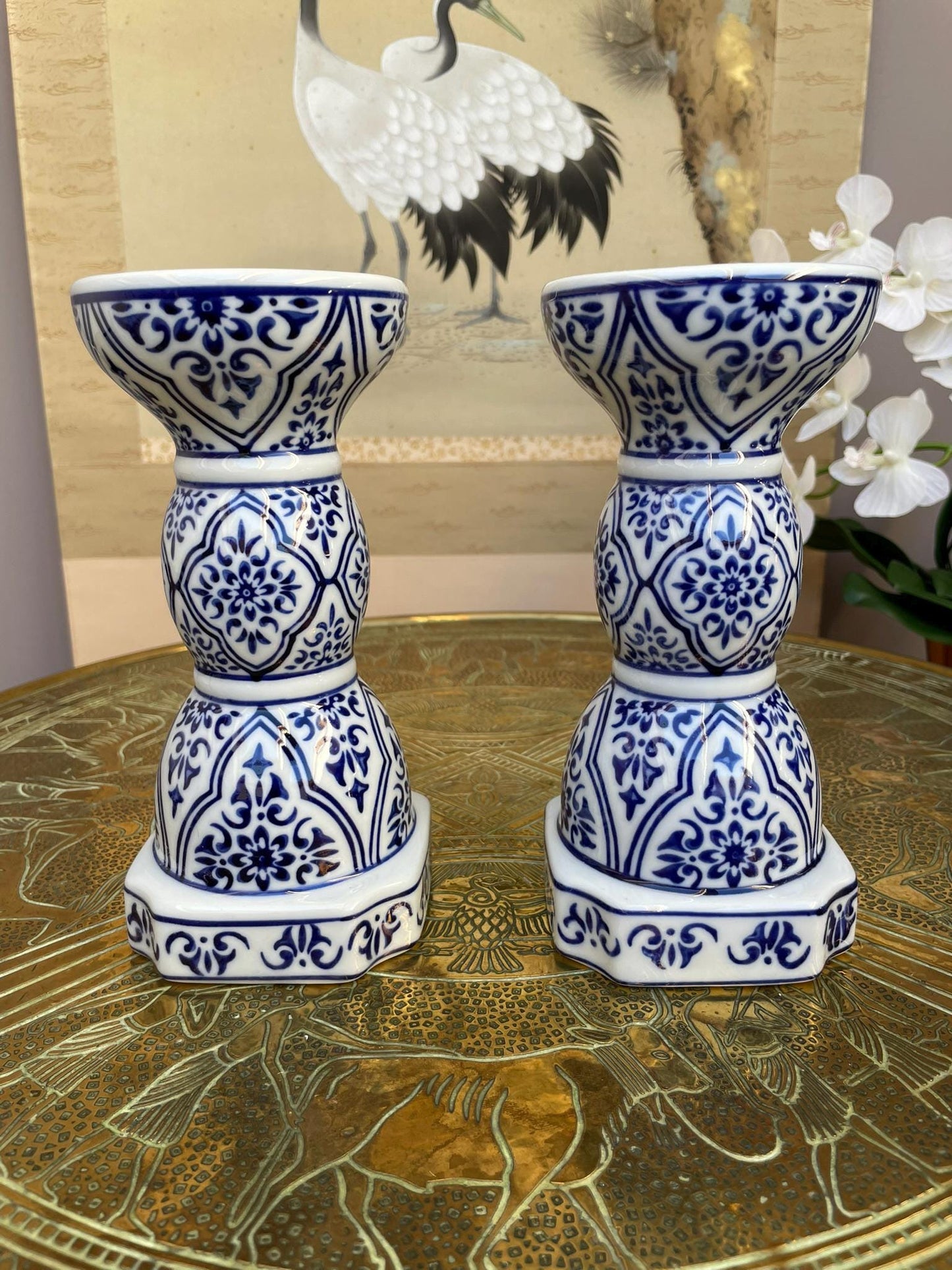 Blue and White Candlesticks Pair, Chinoiserie Taper Holders, Geometric Floral Porcelain, Grandmillennial Wedding Centerpiece, Hamptons Style