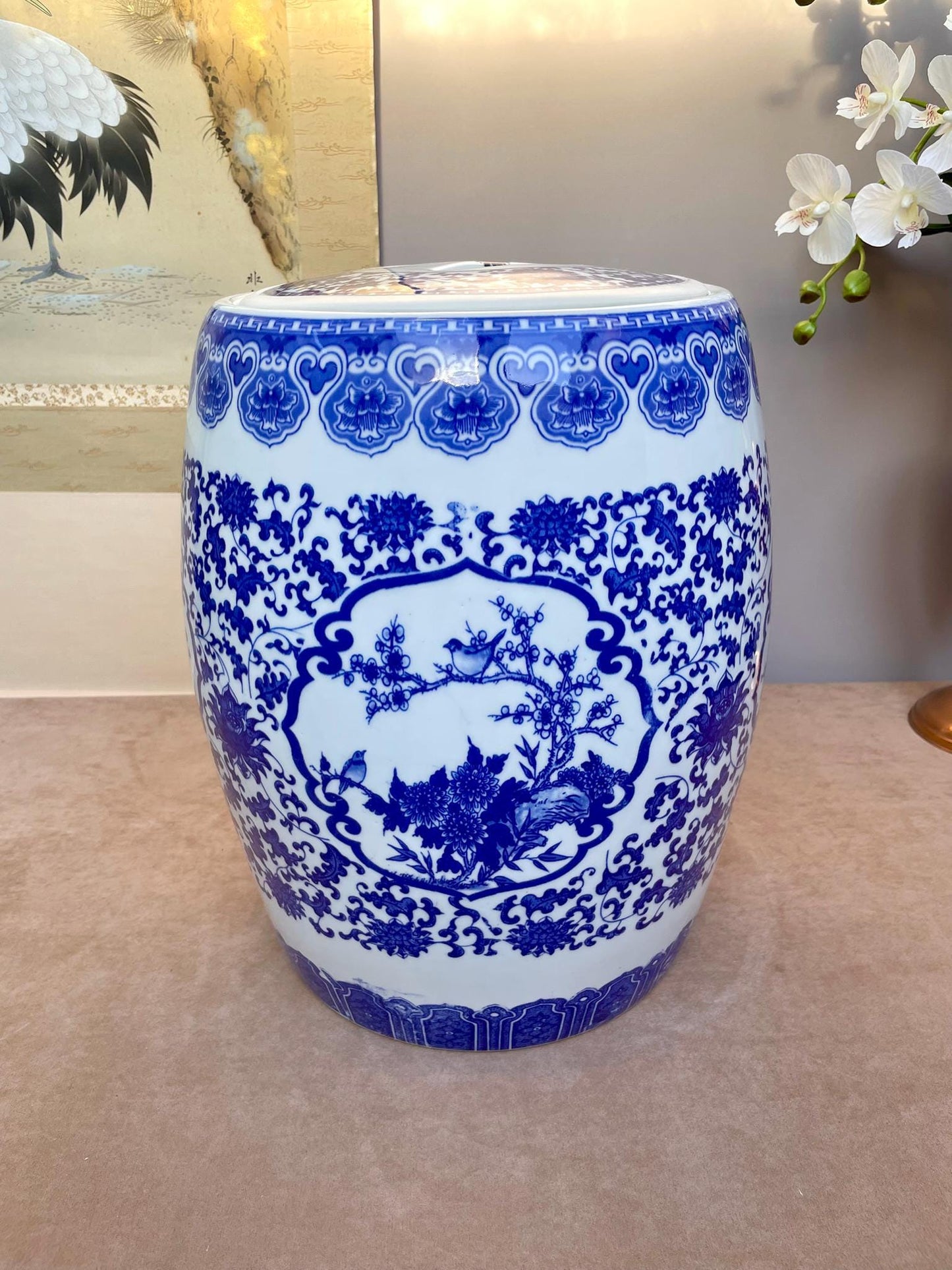 Blue & White Porcelain Lidded Container • Chinoiserie Ginger Jar Side Table • Decorative Storage Jar w/ Rubber Gasket • Floral Bird Pattern
