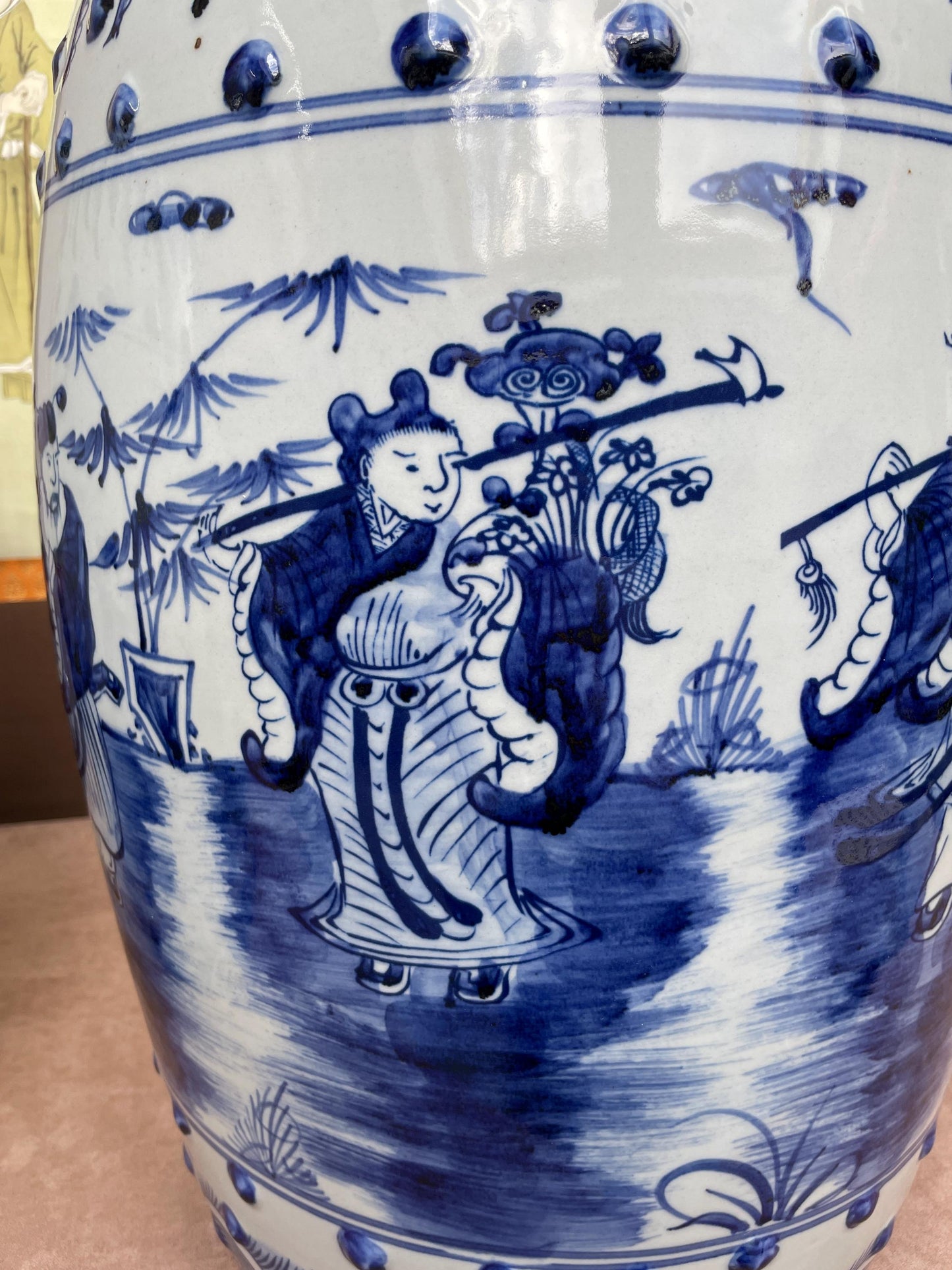 Large Blue and White Porcelain Garden Stool, Hand Painted Eight Immortals Ceramic Seat Chinoiserie Drum Stool Chinese Figure Decor Heavy