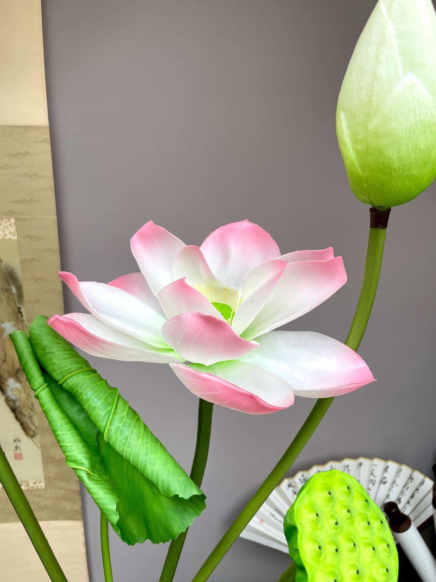 Real Touch Lotus Flower Arrangement 95cm Tall Faux Lotus Stem with Pods Artificial Lotus Bouquet Large Zen Table Decor Silk Flowers. Pink.