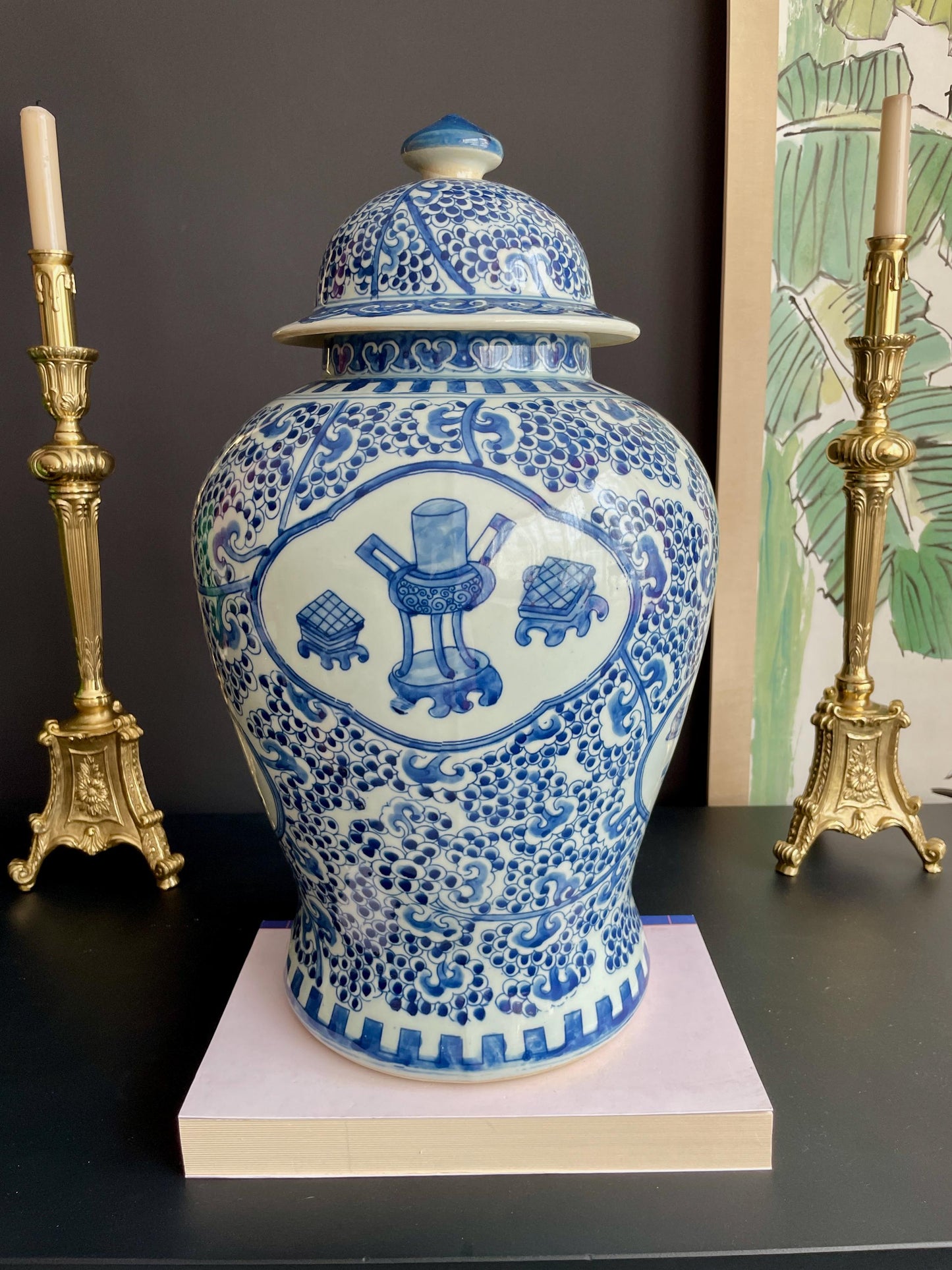 Monumental 50cm Hand-Painted Blue White Temple Jar Pair | Super-Sized Prunus & Antiquities Motif Covered Ginger Jars