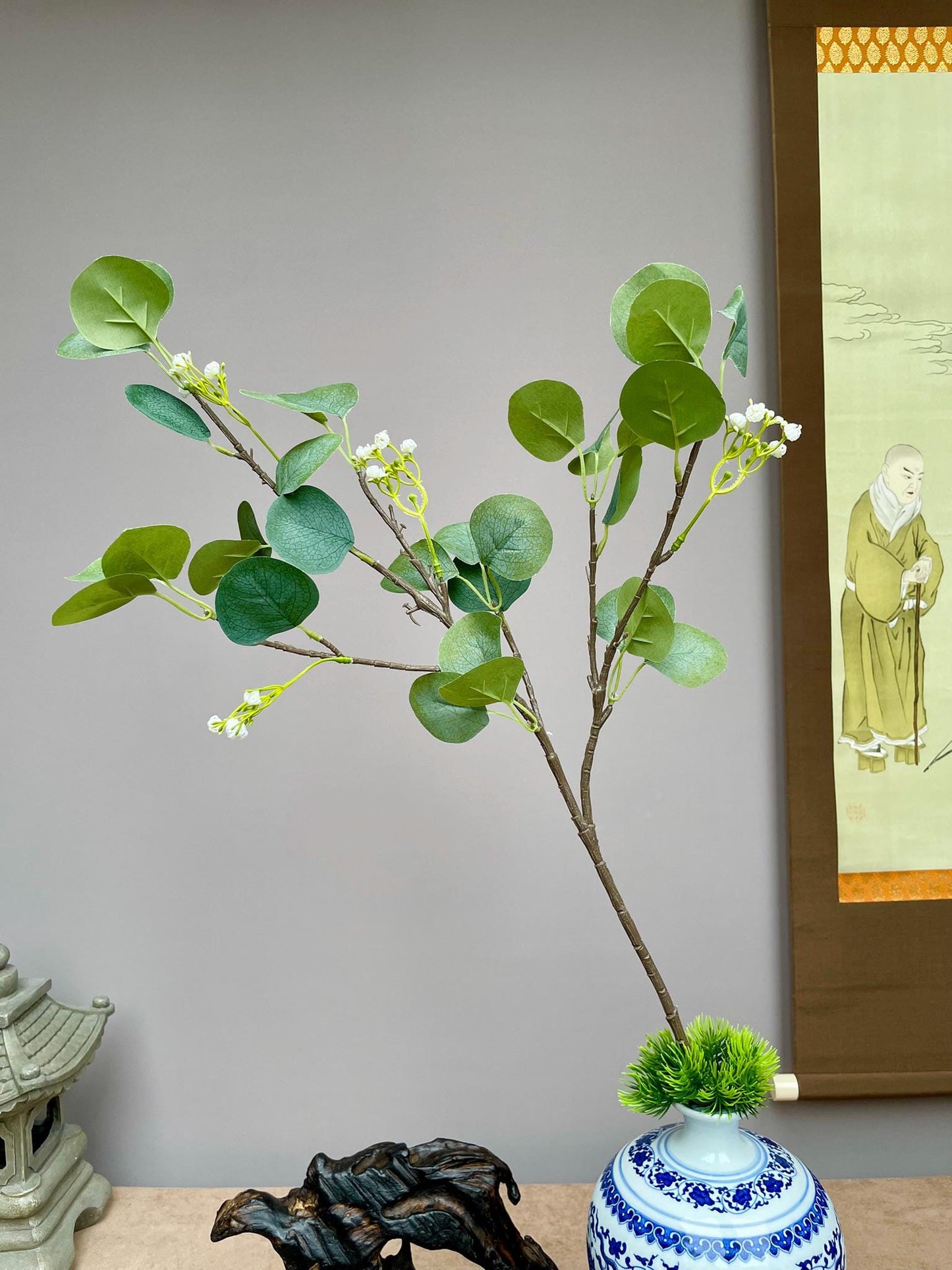Faux Seeded Eucalyptus Stem, Round Leaf Greenery Branch, Large Artificial Foliage, Chinoiserie Vase Filler, Lifelike Greenery for Home