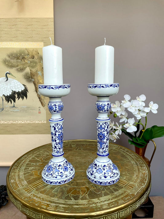 Fine Hand-Painted Blue & White Porcelain Candle Holder Pair • Artisan-Made Chinoiserie Centerpiece • Luxury Table Décor in Collector-Quality