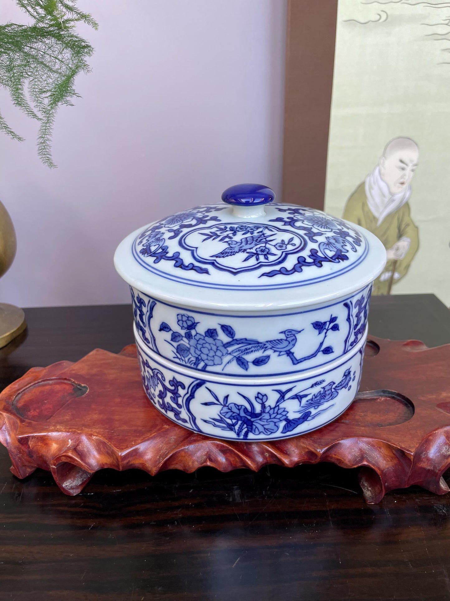 Blue and White Chinese Porcelain 2Tier Lidded Container Hand-Painted Floral & Bird Design Stacking Ceramic Storage Jar Functional Home Deco