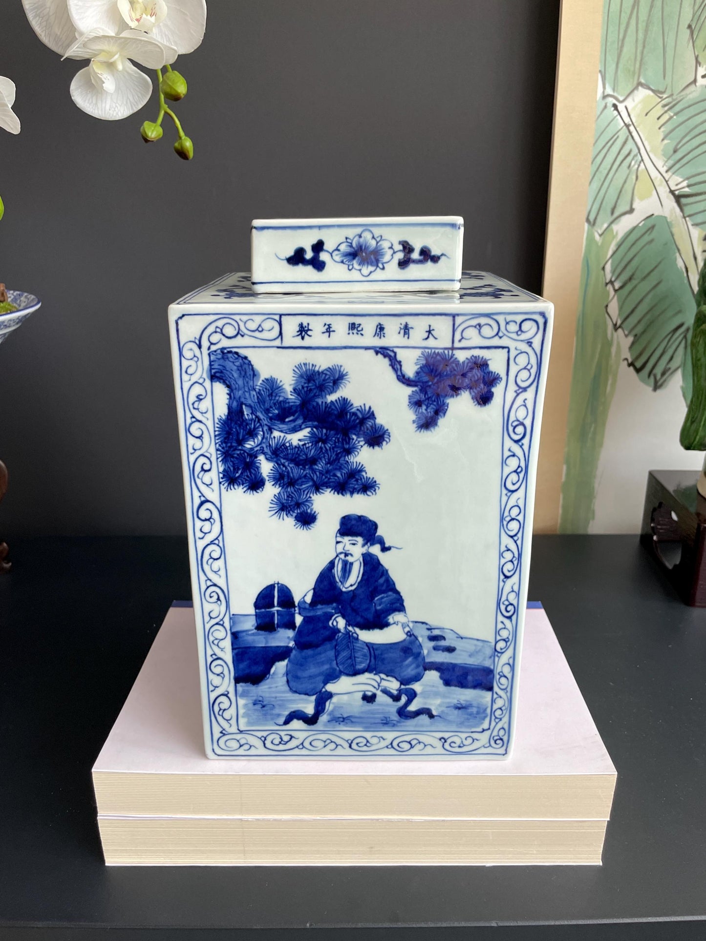 Hand-Painted Blue  White Square Xiang Qi Porcelain Vessel with Lid Imperial Kangxi Style Scholar  Pine Tree Motif  app 30cm