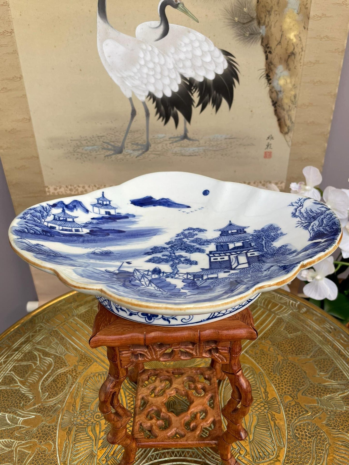 Blue and White Porcelain Dish - Hand Painted Landscape with Pagoda & Pine - Scalloped Iron-Oxide Rim - Fine Asian Home Decor