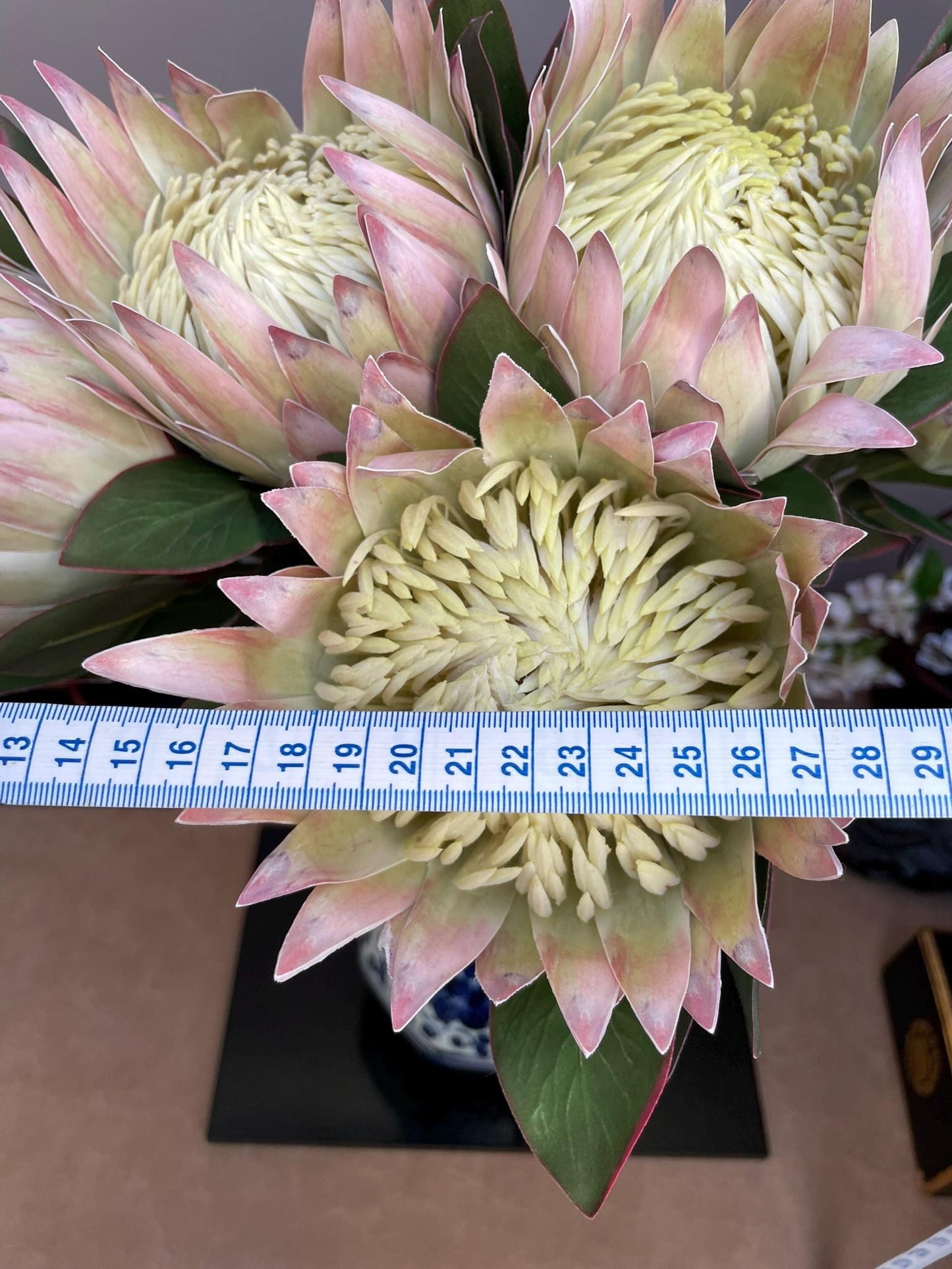 Giant Artificial Blush Pink King Protea Stem - Faux Pale Green & Pink Bloom - Exotic Tropical/Coastal Flower Head Decor(73cm)