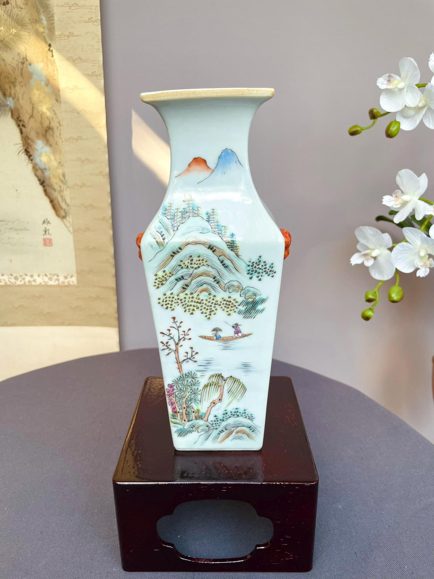 Hand-Painted Qianjiang Style Vase | Scholar collector.  Poem & Landscape Calligraphy | Multi-Fired Chinese Ceramic Art
