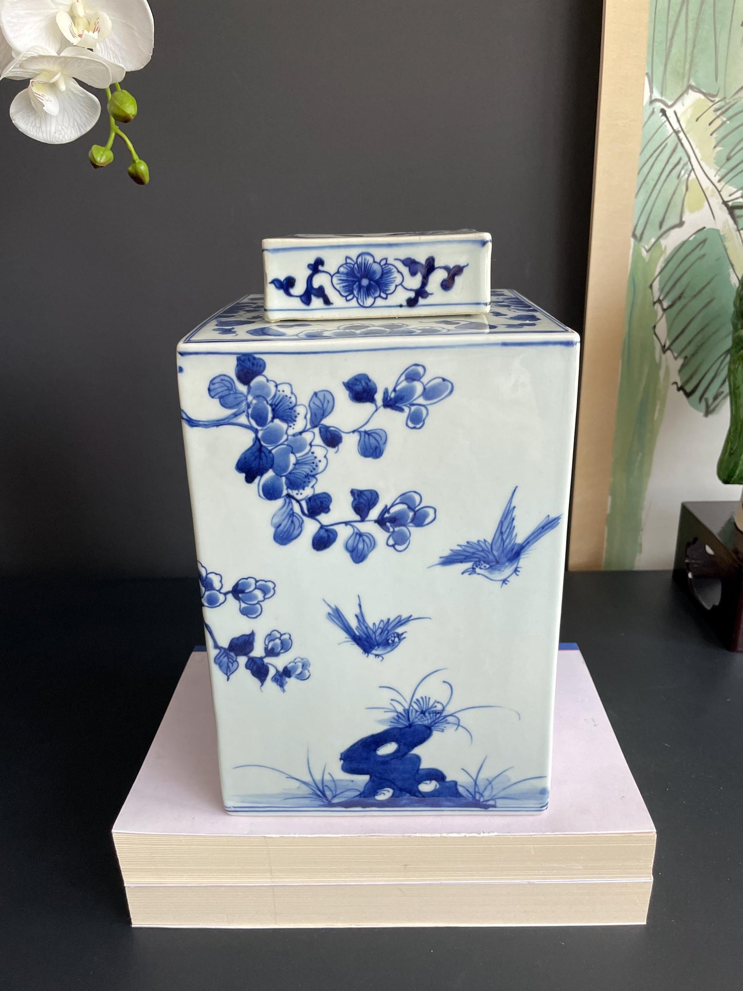 Hand-Painted Blue & White Xiang Qi Square Porcelain Vessel | Imperial Kangxi Style Continuous Panoramic Garden Scroll (~30cm)