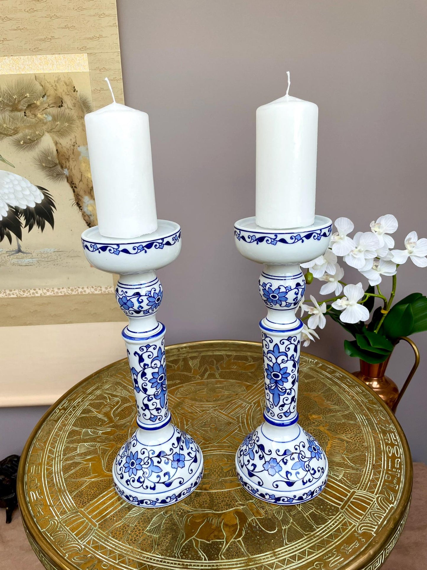 Fine Hand-Painted Blue & White Porcelain Candle Holder Pair • Artisan-Made Chinoiserie Centerpiece • Luxury Table Décor in Collector Quality