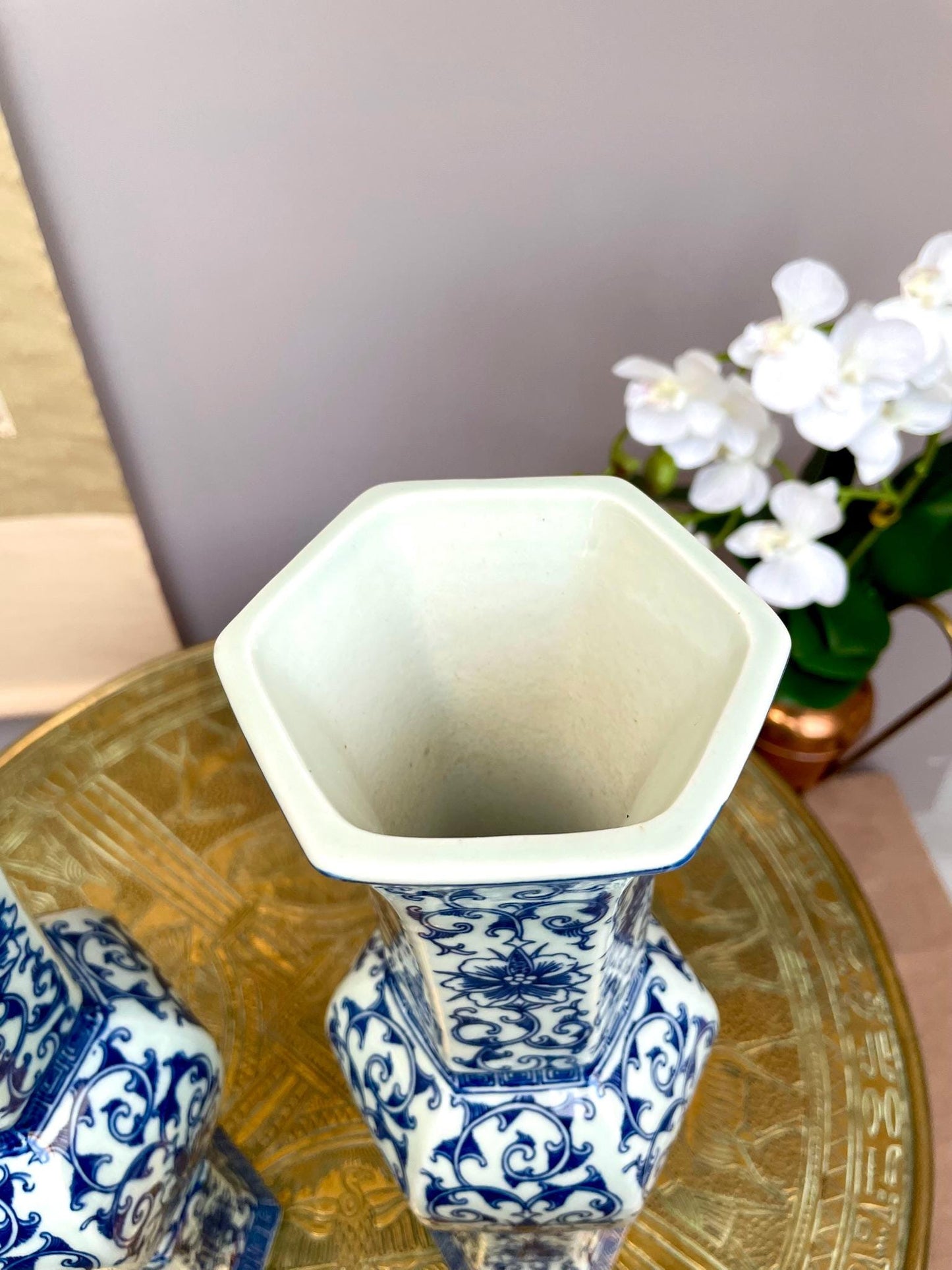 Pair of Blue & White Hexagonal Imperial Lotus Vases • Royal Ritual Vessel Form Six-Sided Classical Porcelain Pair Luxury Oriental Home Décor