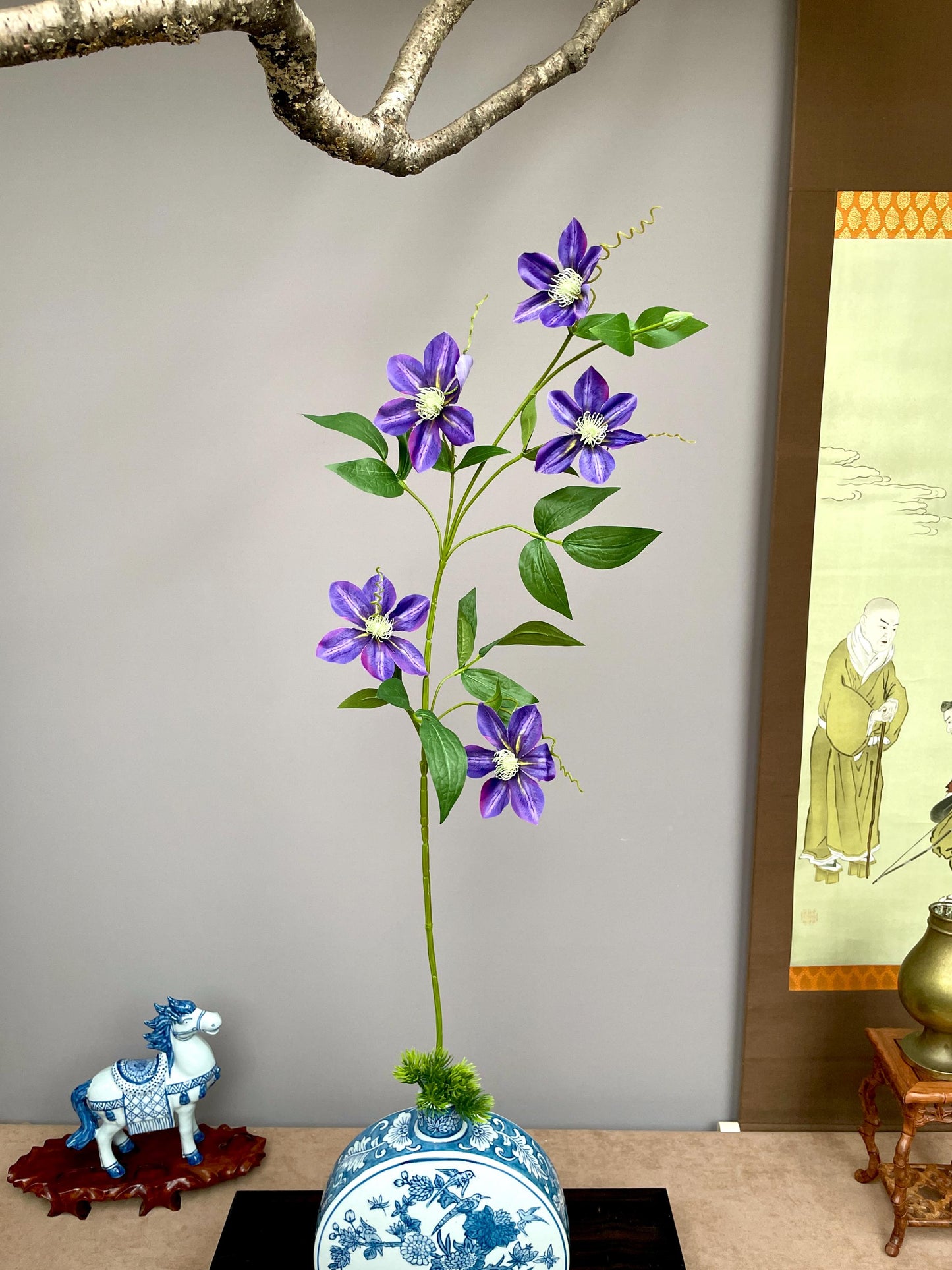 Realistic Deep Purple Clematis Branch Faux Queen of Climbers Silk Flower Zen Minimalist Aesthetic Fully Adjustable Violet Vine Stem Premium
