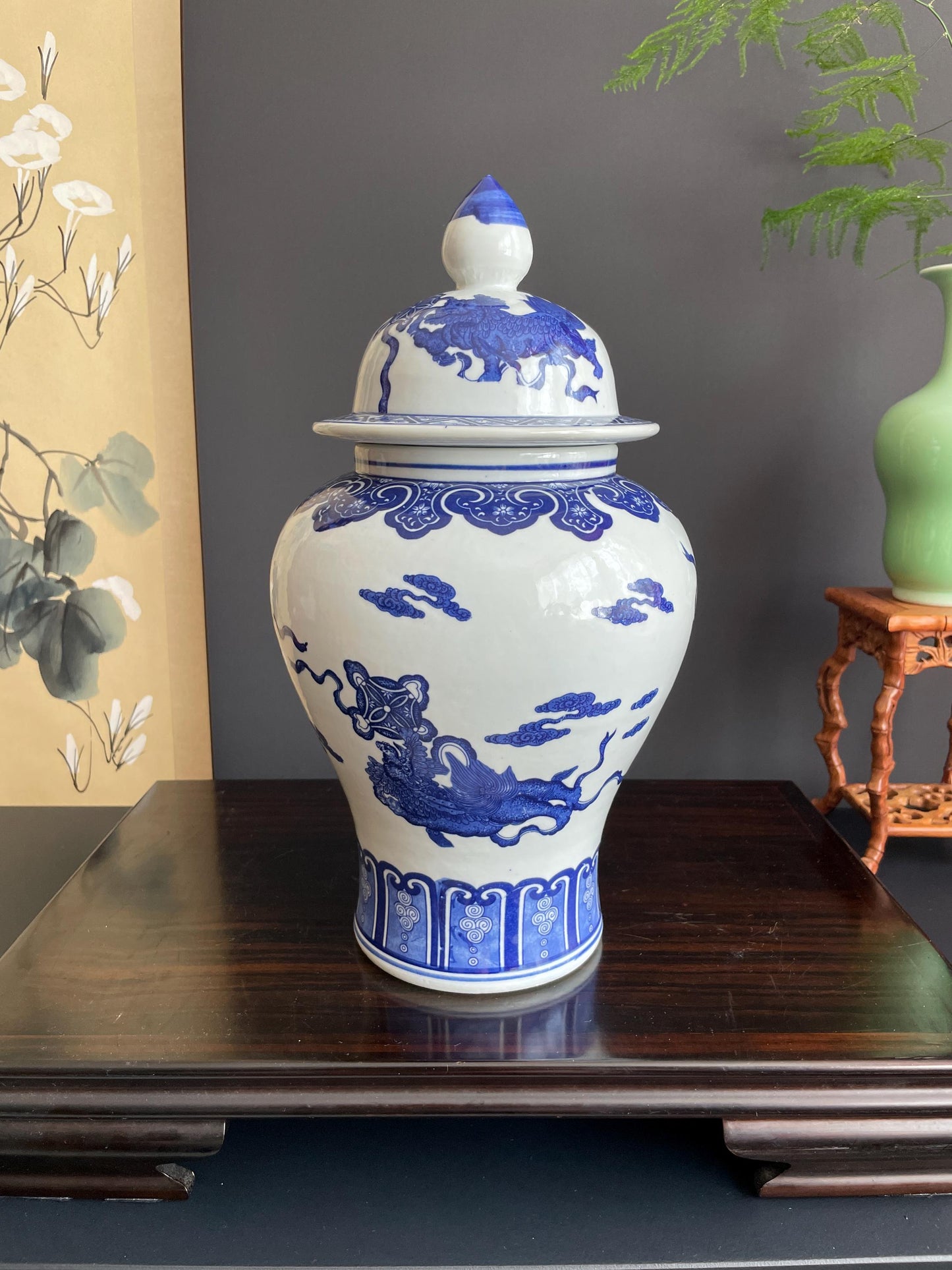 Blue and White Porcelain Temple Jar Large Ginger Jar with Lid Chinoiserie General Jar Traditional Mythical Beast Urn Oriental Home Decor