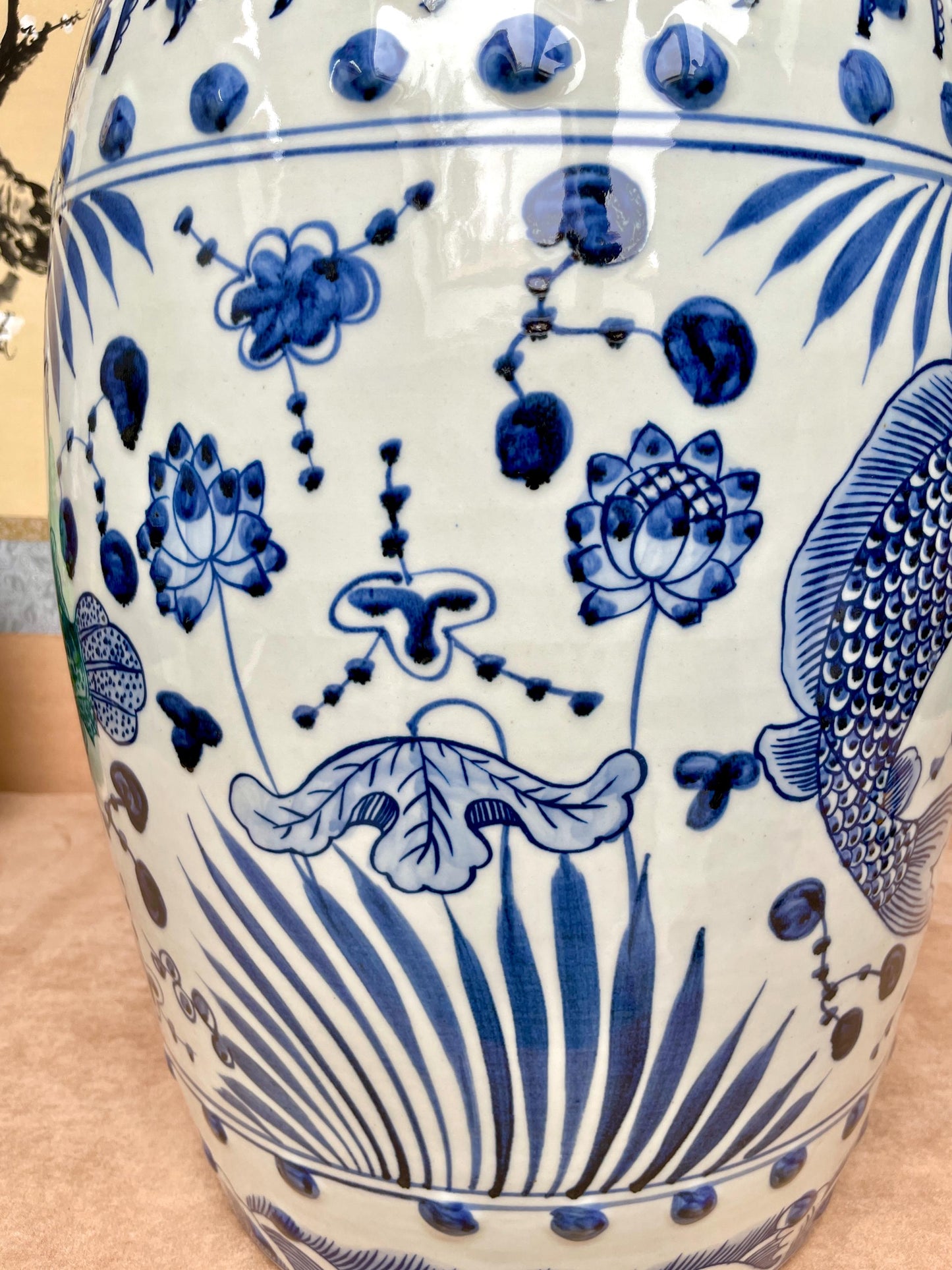 Hand Painted Koi Carp Garden Stool Traditional Chinese Blue White Drum Table Oriental Home Accent Cobalt Blue Statement Furniture Feng Shui