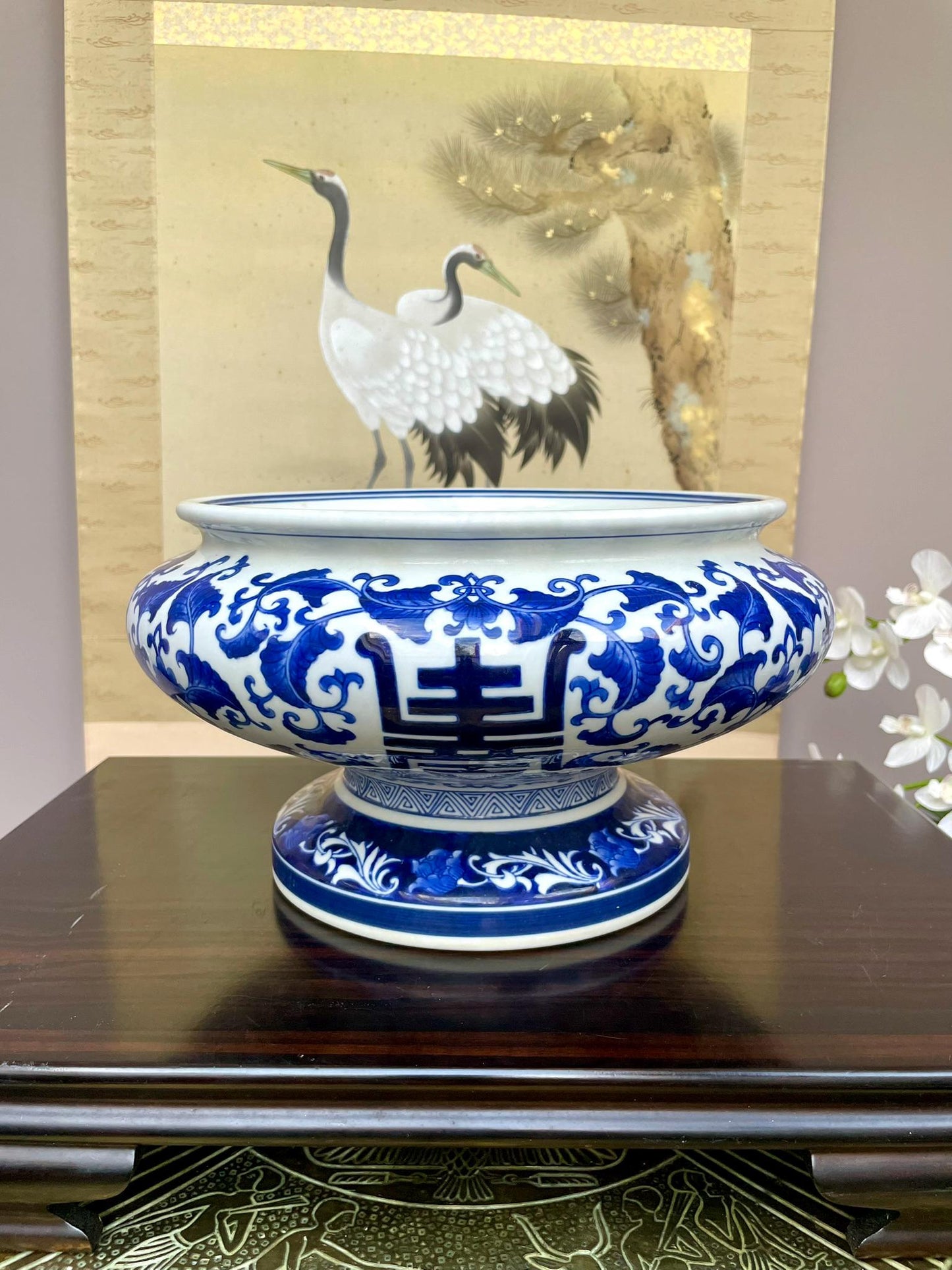 Large Blue and White Porcelain Footed Bowl – 33cm Decorative Centerpiece Vessel Large Pedestal bowl, chinoiserie