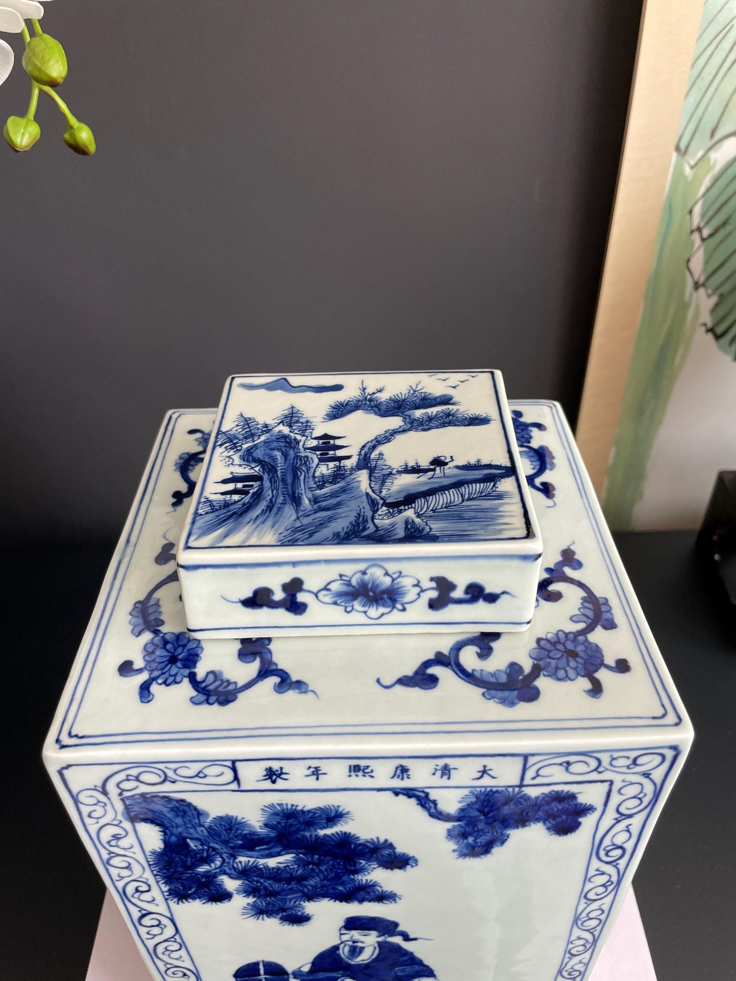 Hand-Painted Blue  White Square Xiang Qi Porcelain Vessel with Lid Imperial Kangxi Style Scholar  Pine Tree Motif  app 30cm