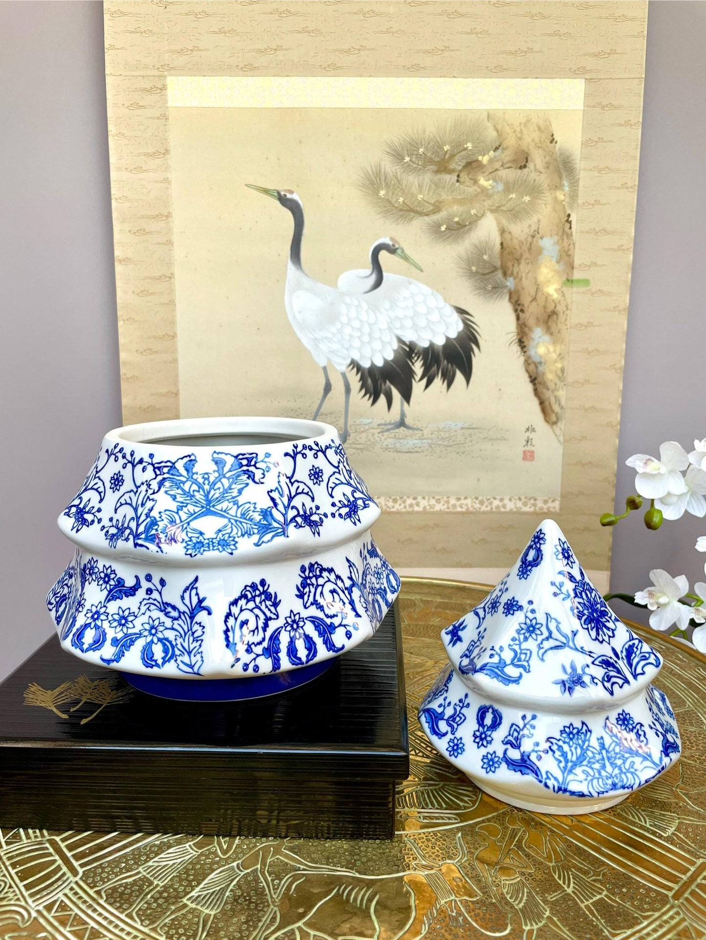 Blue and White Christmas Tree Jar – Two-Tier Lidded Container with Airtight Seal – Holiday Porcelain Decor  Blue & White Christmas Gift