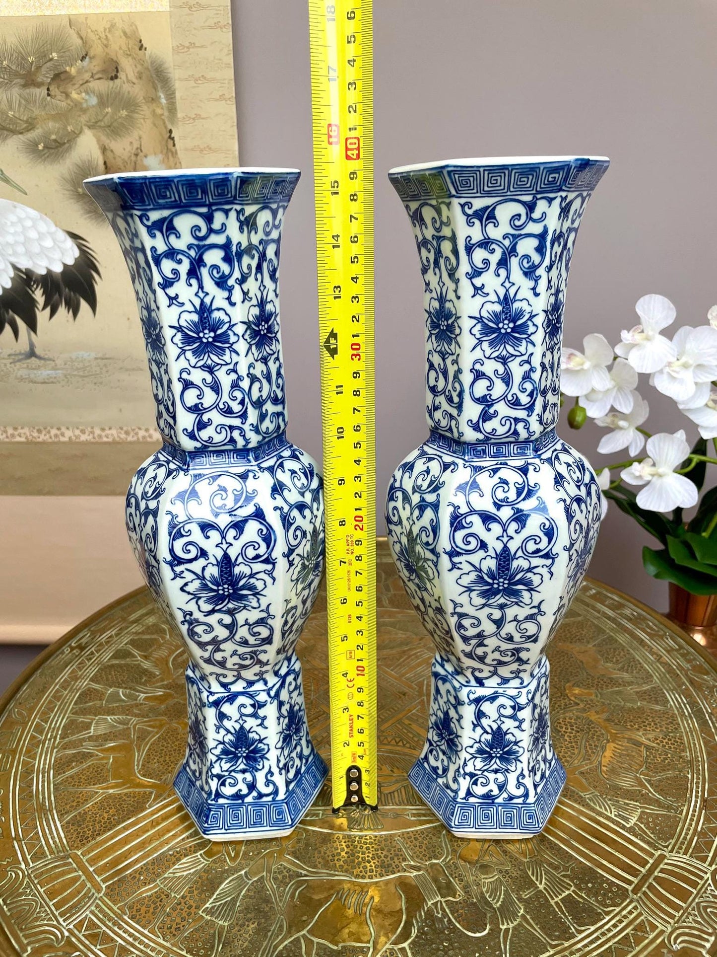 Pair of Blue & White Hexagonal Imperial Lotus Vases • Royal Ritual Vessel Form Six-Sided Classical Porcelain Pair Luxury Oriental Home Décor