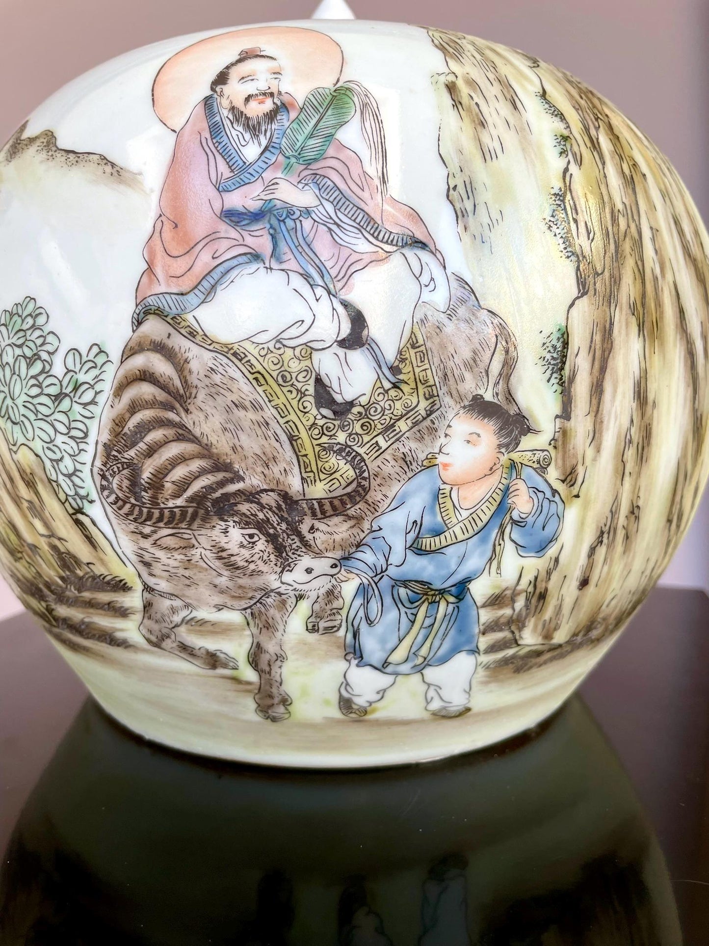 Hand-Painted Qianjiang Cai Porcelain Jar with Lid - Scholar & Immortal Landscape - Large Hand-Crafted Chinese Calligraphy Ginger Jar