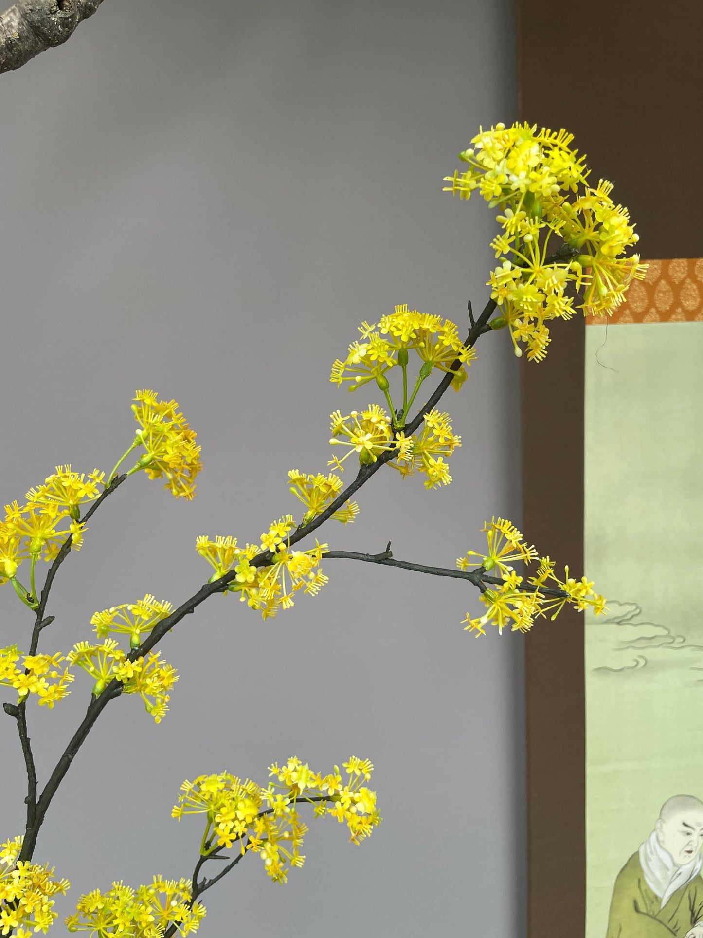 Realistic Faux Cornus Officinalis Yellow Flower Branch - Japanese Cornel Dogwood Artificial Stem Zen Minimalist Home Decor Tea Room Ornament