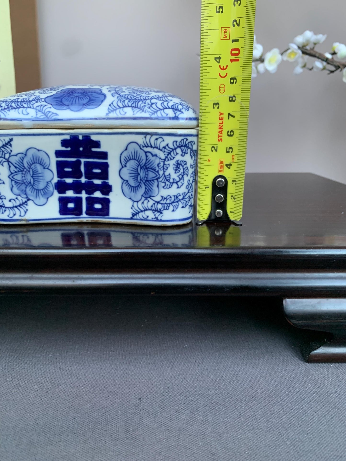 Blue and White Porcelain Lidded Box | Curved Decorative Container with Shou Longevity Symbol | Handcrafted Ceramic Storage Box | Asian Home