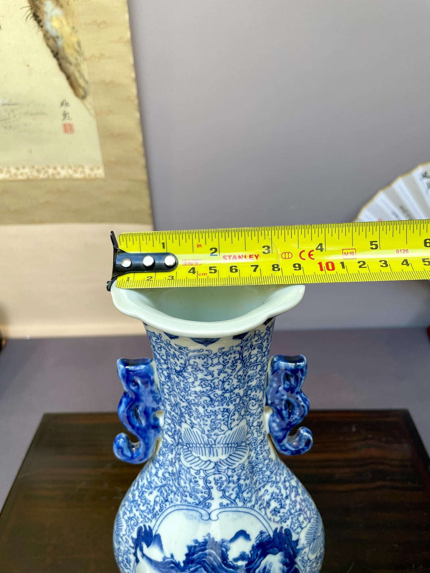 Blue and White Landscape Vase Ceramic Chinoiserie Baluster Vase Porcelain Temple Vase Oriental Mountain Scene Pottery Large Console Decor