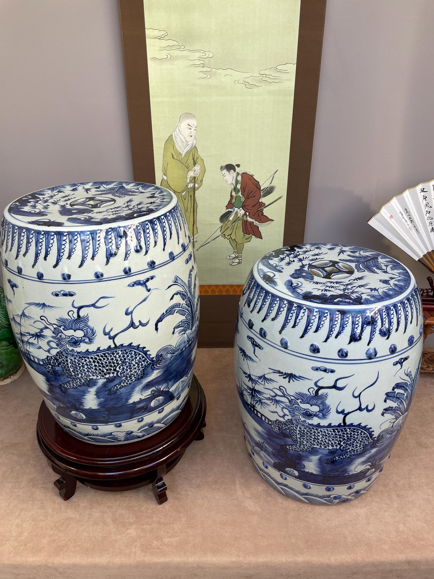 Large Blue and White Porcelain Garden Stool, Hand Painted Qilin Dragon Ceramic Seat Chinoiserie Drum Stool Oriental Decor, Rare Heavy SINGLE