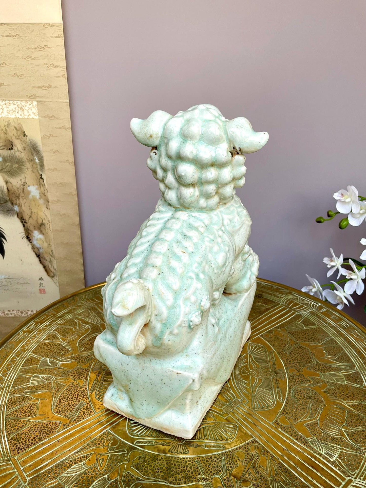 Ru-Style Celadon Foo Dog Sculpture | Celadon Guardian Lion | Chinese Art Decor | Scholar’s Studio Ornament | Ceramic Home Decor