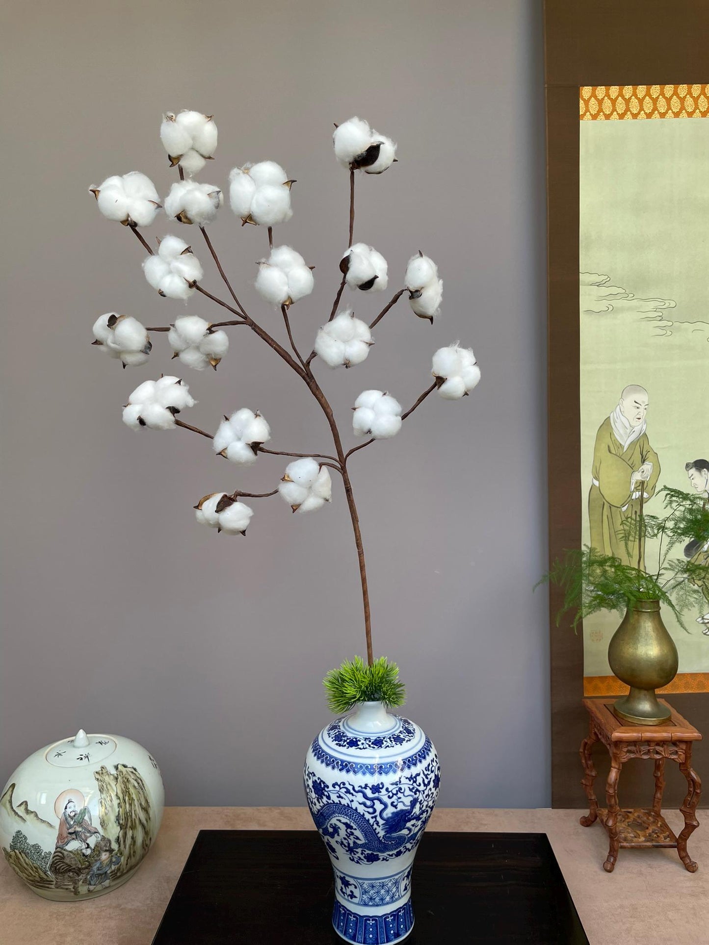 Hand-Crafted Artificial Cotton Branch with Natural Shells - Rustic Farmhouse Decor - Realistic Faux Cotton Stem for Minimalist Home Accents