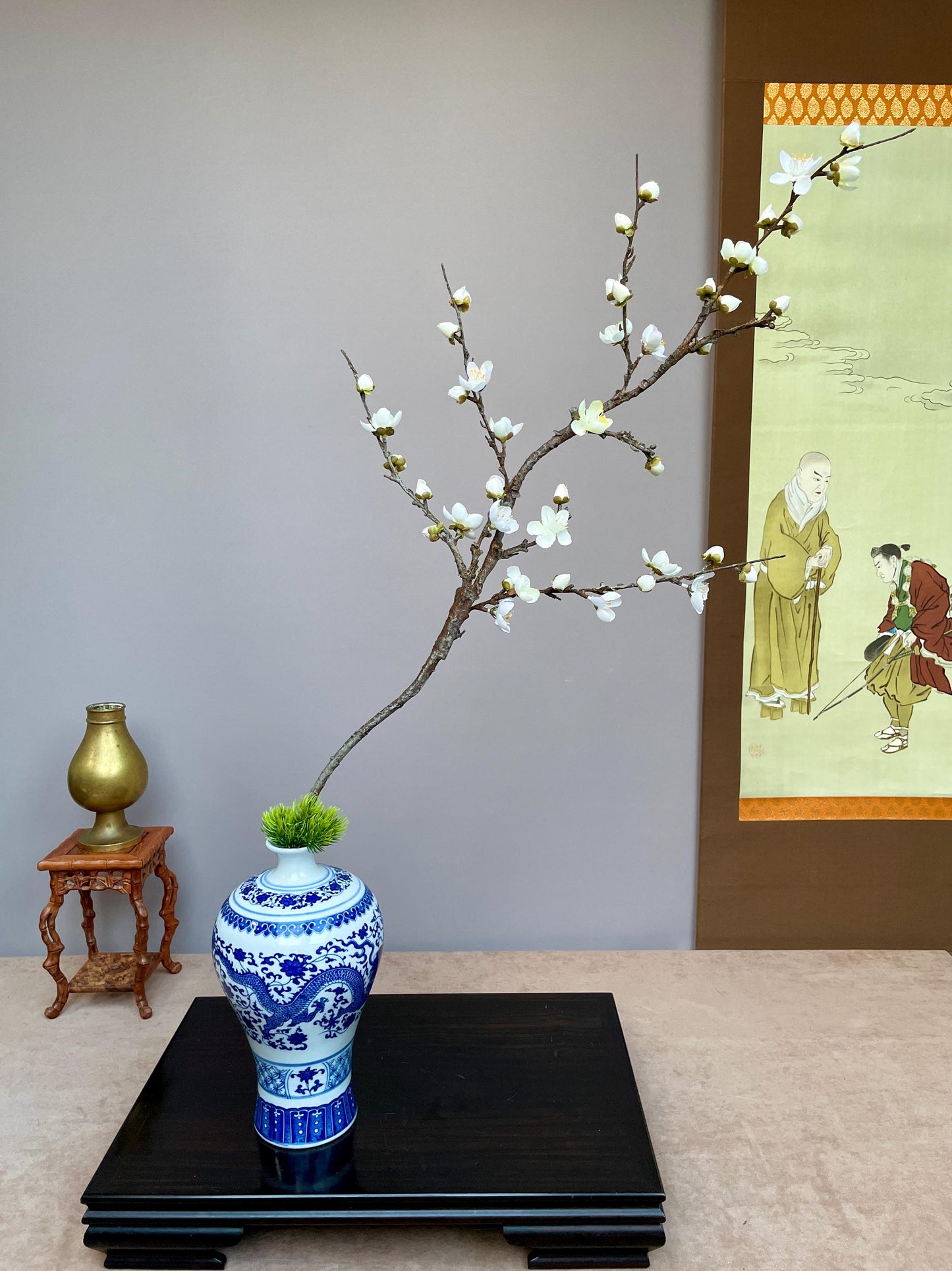 Large Realistic White Plum Blossom Branch - Faux Winter Meihua Stem - Elegant Chinoiserie Decor Hand-Crafted Luxury Zen Floral
