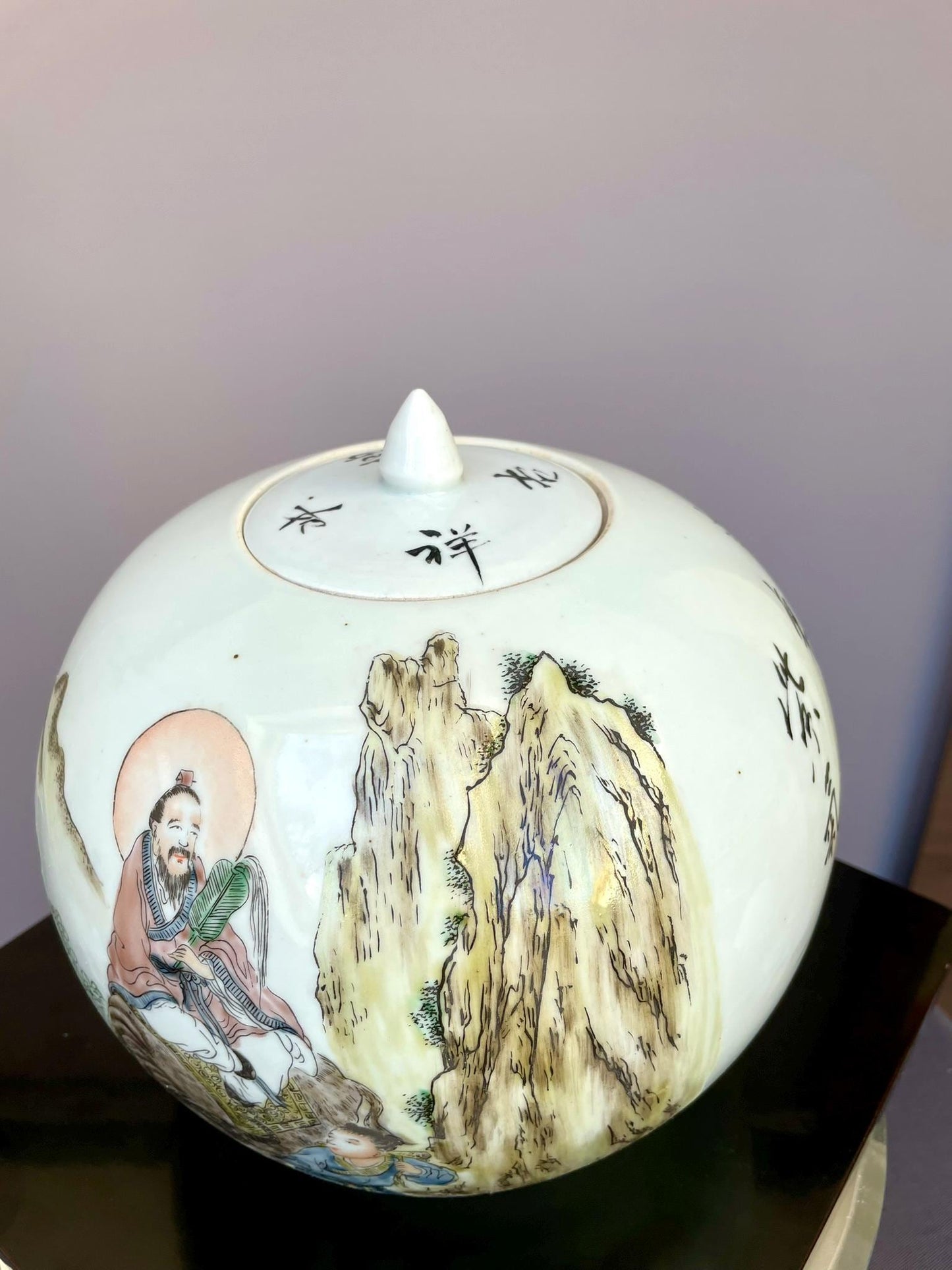 Hand-Painted Qianjiang Cai Porcelain Jar with Lid - Scholar & Immortal Landscape - Large Hand-Crafted Chinese Calligraphy Ginger Jars